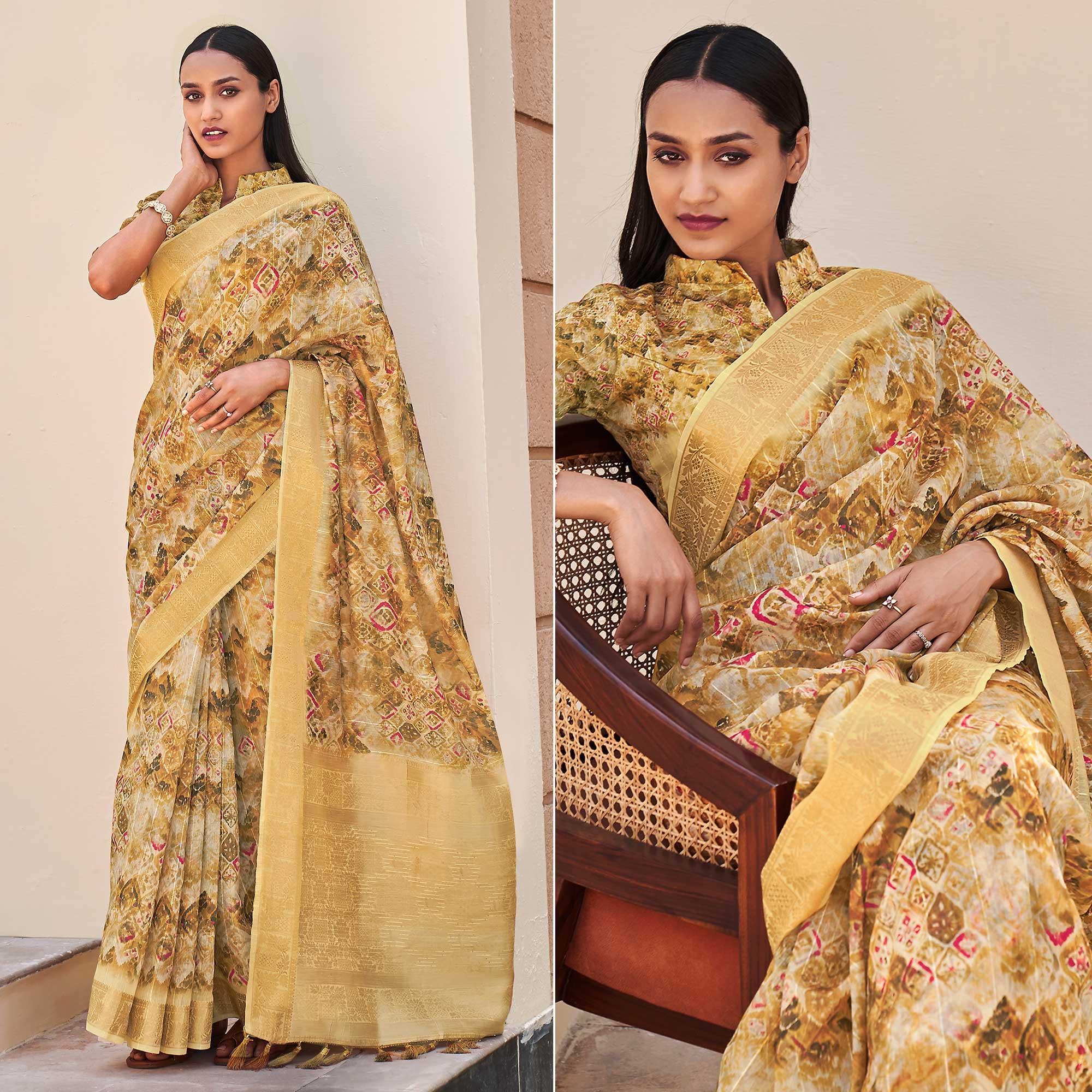 Cream Floral Digital Printed With Sequence Linen Saree - Peachmode