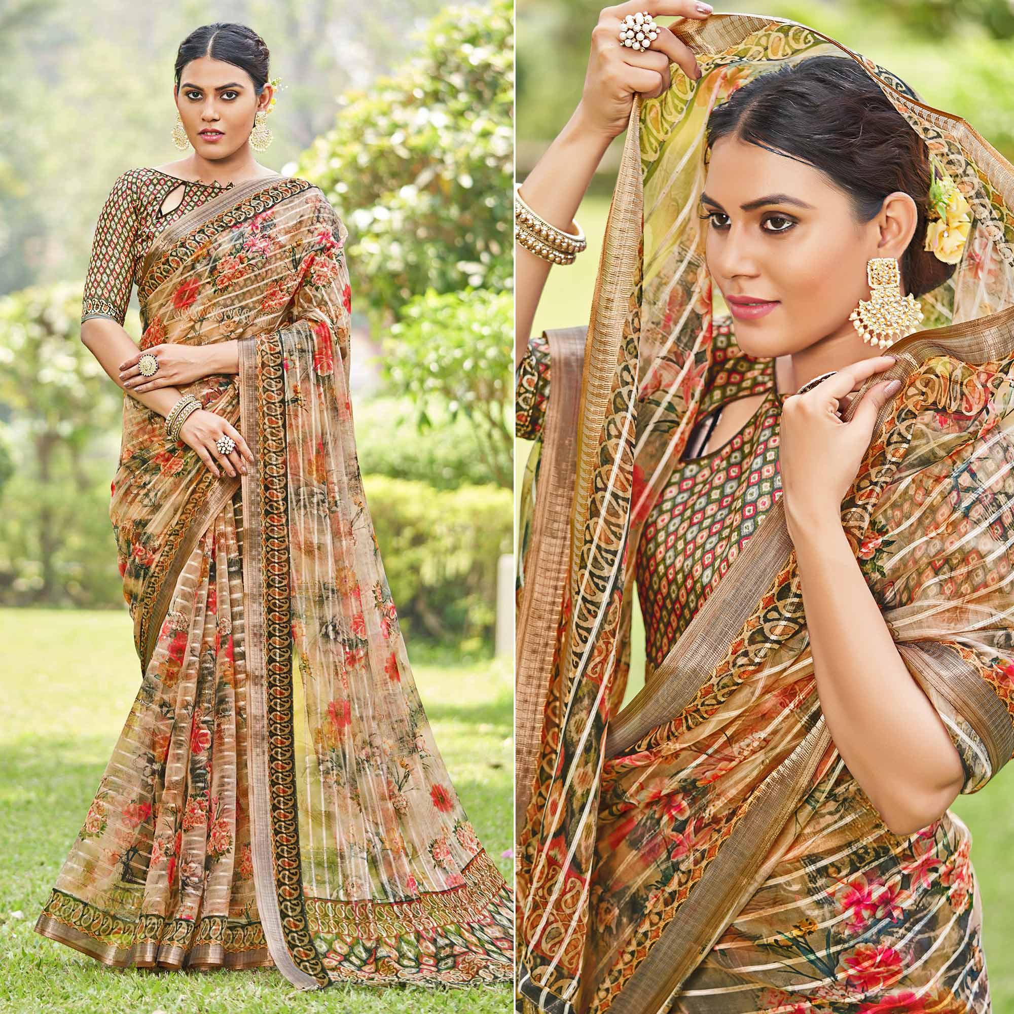 Cream Floral Digital Printed With Sequence Linen Saree - Peachmode