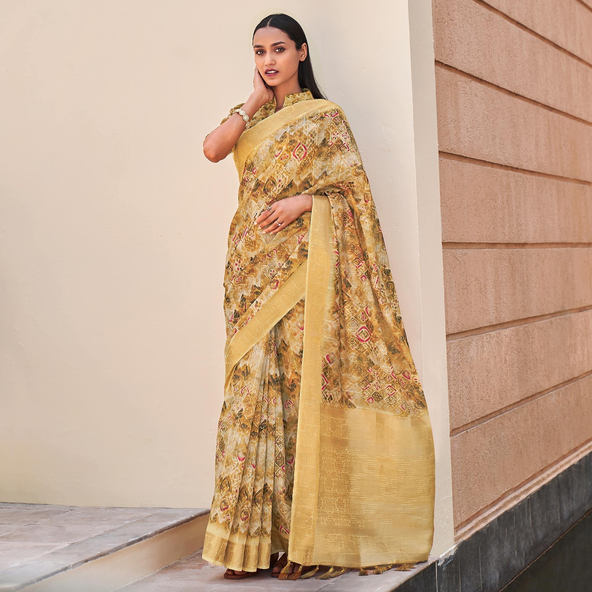 Cream Floral Digital Printed With Sequence Linen Saree - Peachmode