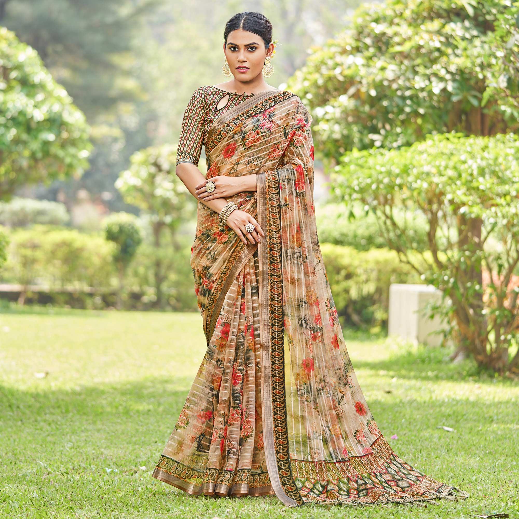 Cream Floral Digital Printed With Sequence Linen Saree - Peachmode
