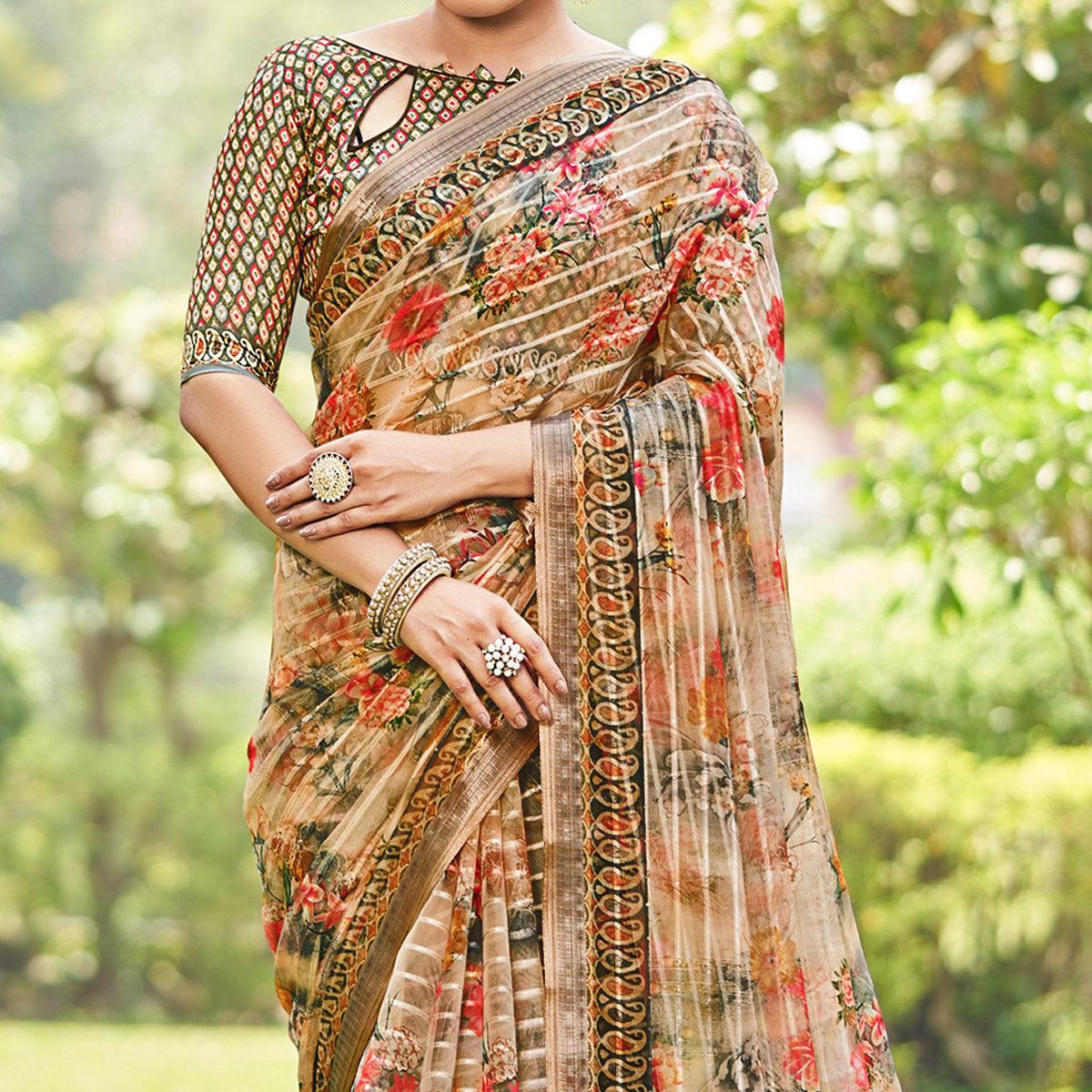 Cream Floral Digital Printed With Sequence Linen Saree - Peachmode