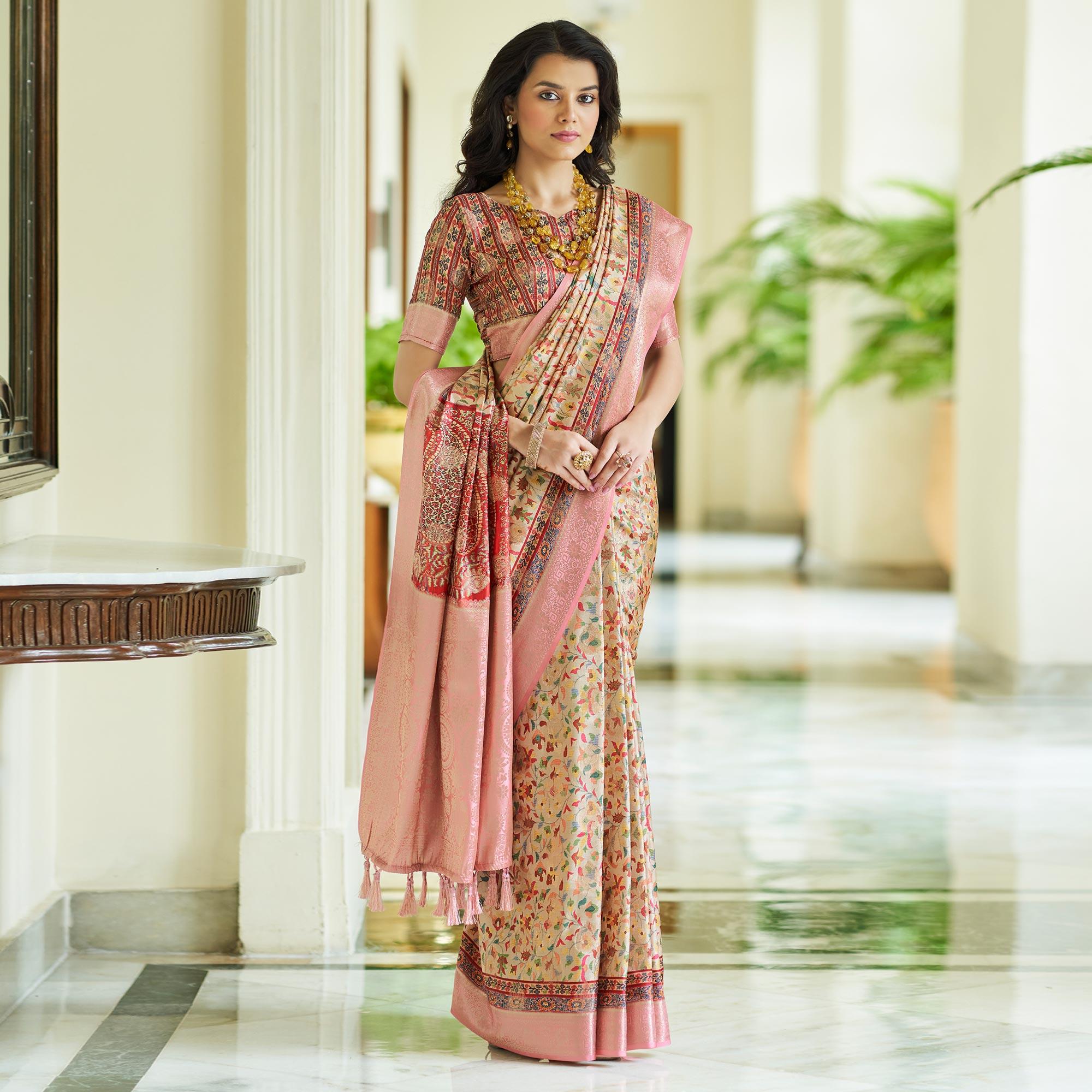 Cream Floral Digital Printed With Woven Border Art Silk Saree - Peachmode