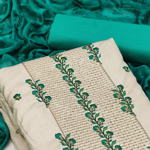 Cream Floral Embroidered Art Silk Dress Material - Peachmode