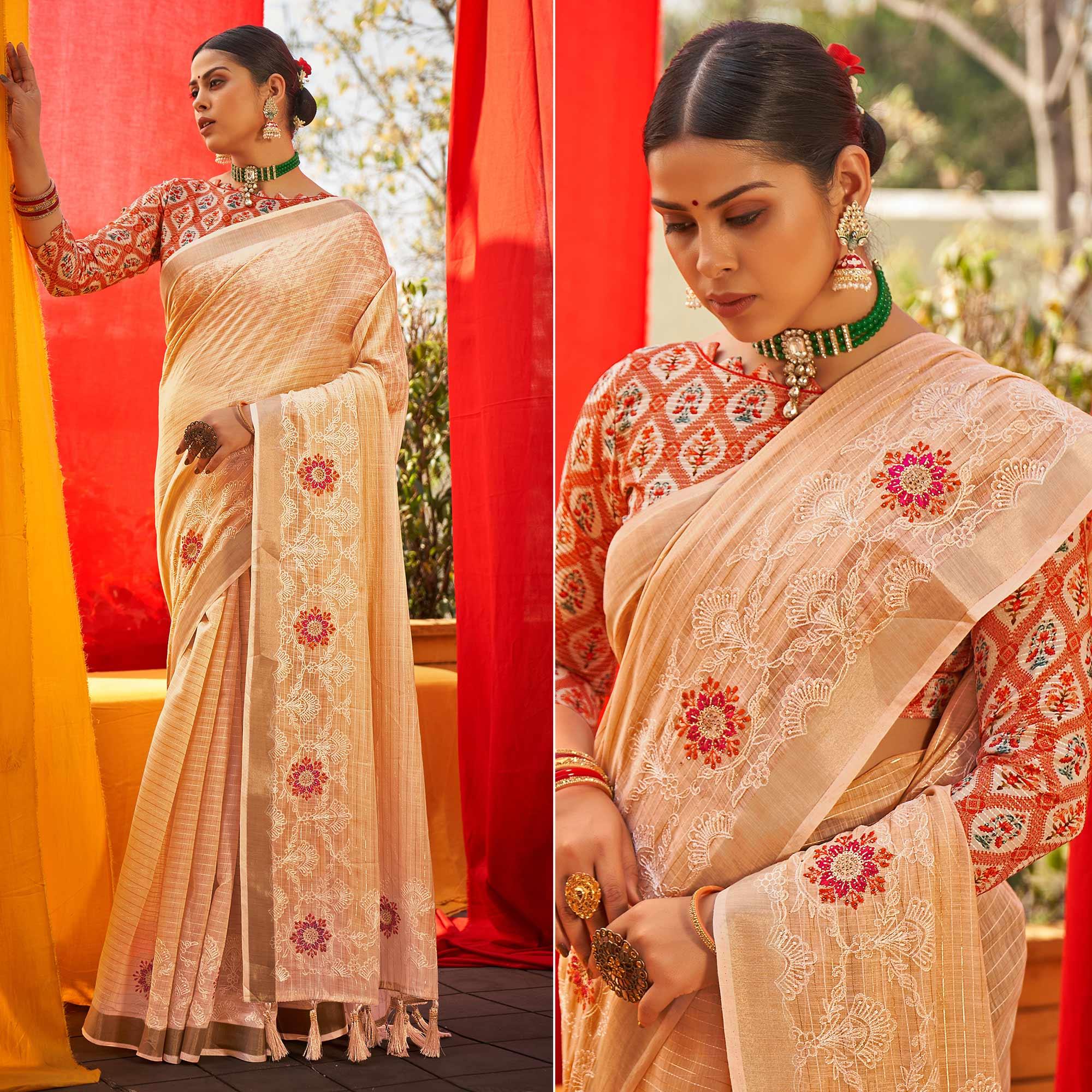 Cream Floral Embroidered Linen Saree - Peachmode