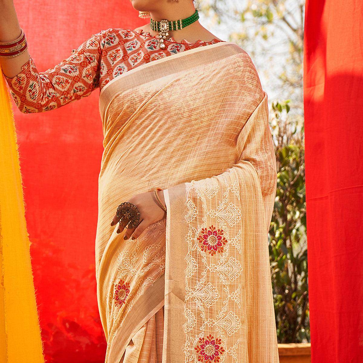Cream Floral Embroidered Linen Saree - Peachmode