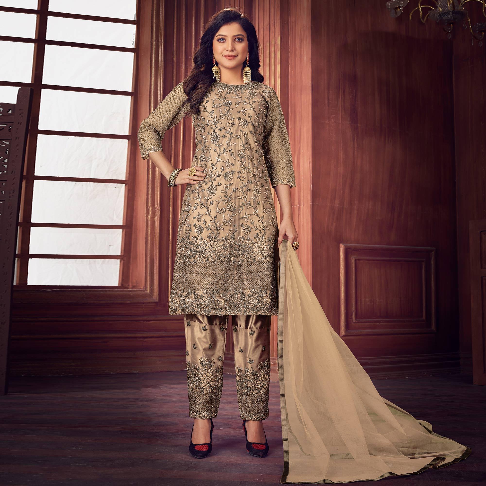 Cream Floral Embroidered Net Partywear Suit - Peachmode