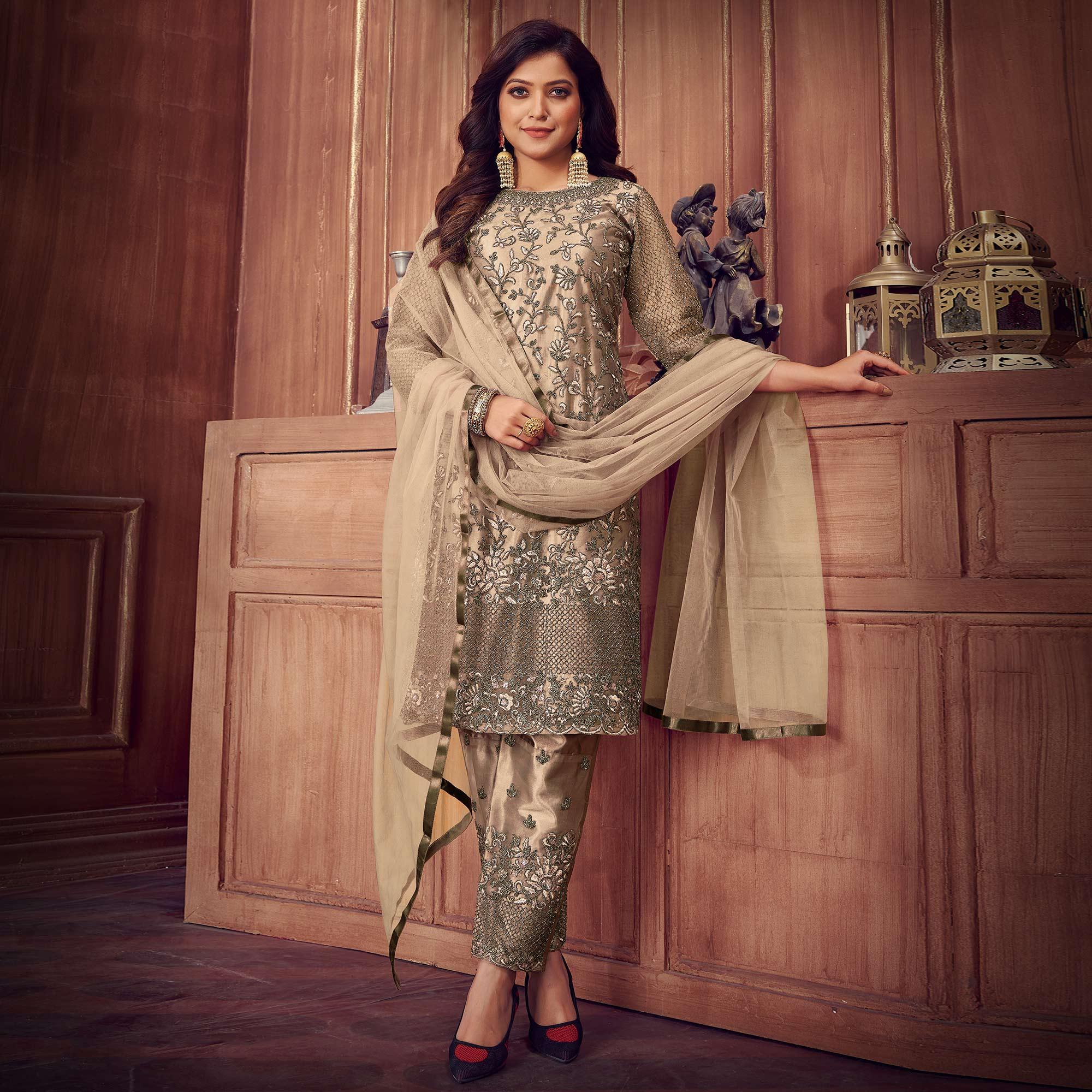 Cream Floral Embroidered Net Partywear Suit - Peachmode