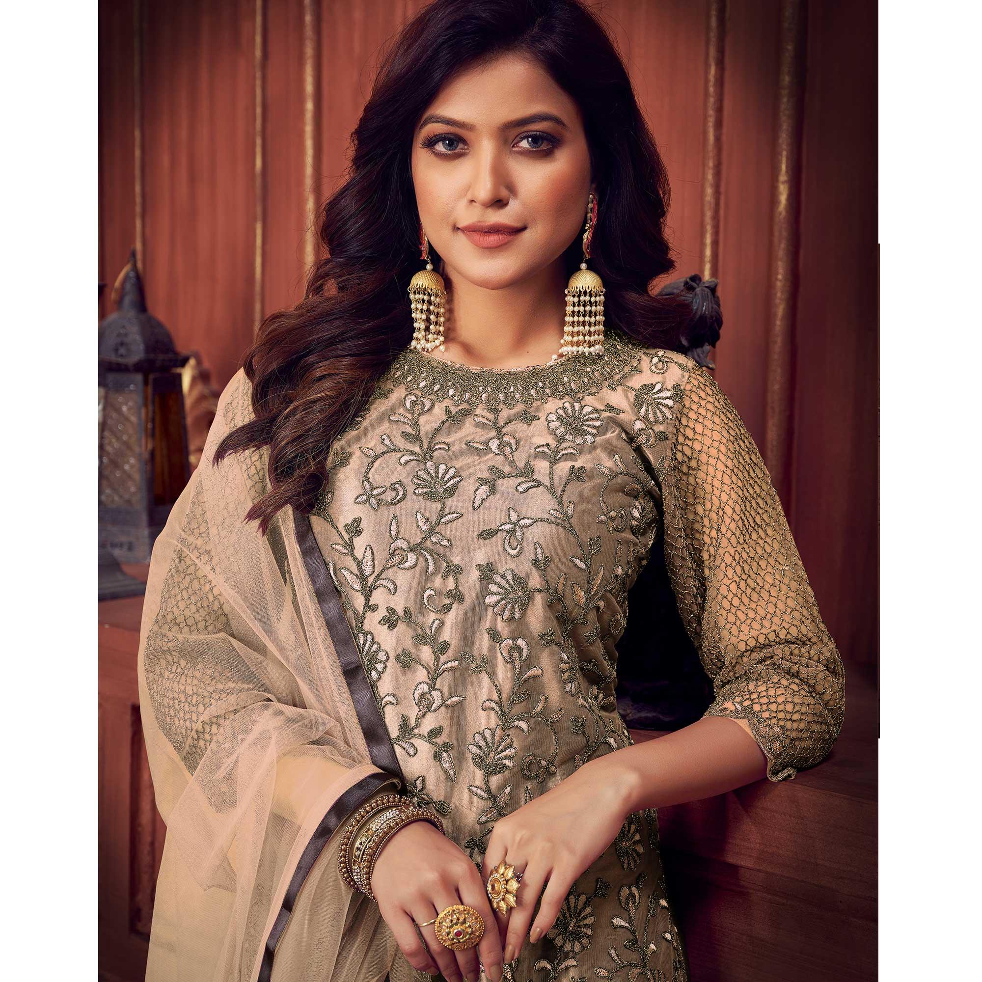 Cream Floral Embroidered Net Partywear Suit - Peachmode