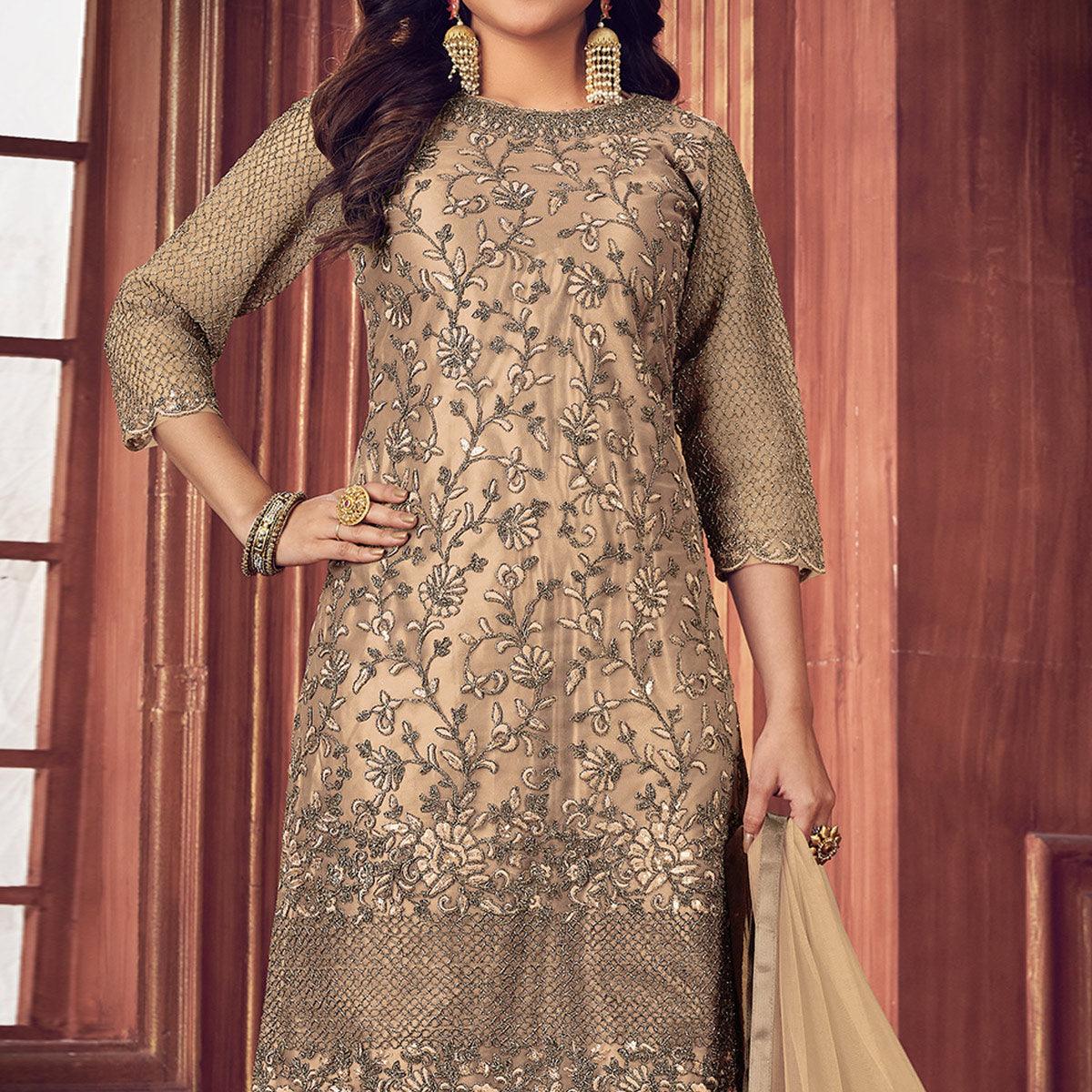 Cream Floral Embroidered Net Partywear Suit - Peachmode