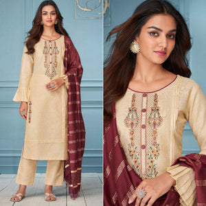 Cream Floral Embroidered Pure Cotton Kurti Pant Set With Dupatta - Peachmode