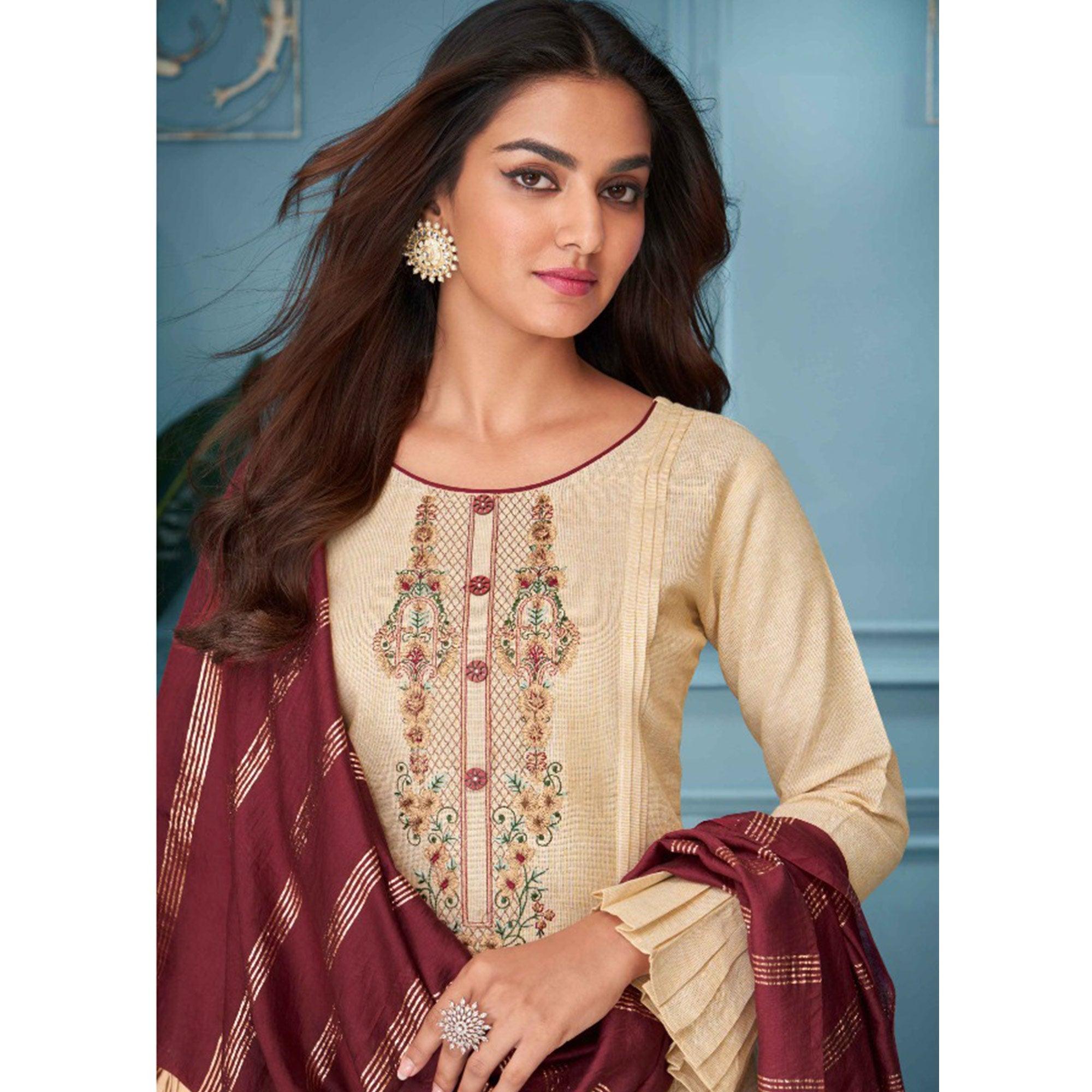 Cream Floral Embroidered Pure Cotton Kurti Pant Set With Dupatta - Peachmode