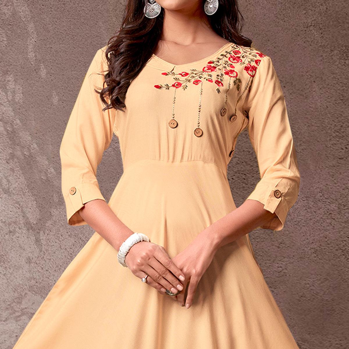 Cream Floral Embroidered Rayon Gown - Peachmode