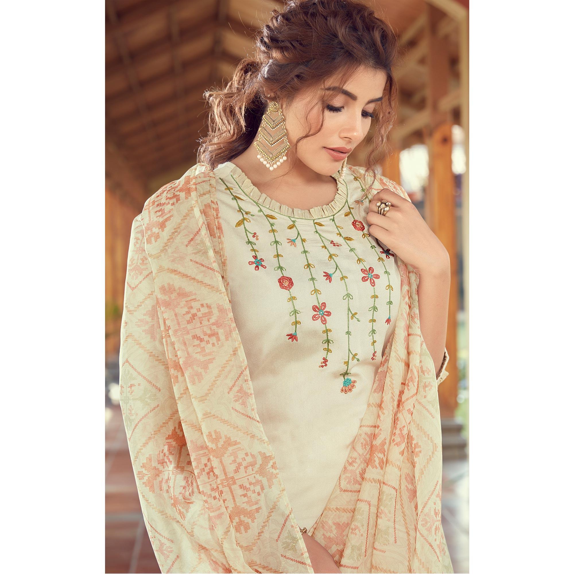 Cream Floral Embroidered Viscose Kurti - Pant Set With Dupatta - Peachmode