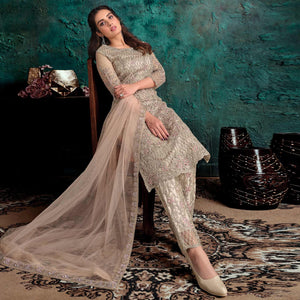 Cream Floral Embroidered Work Net Pakistani Suit - Peachmode