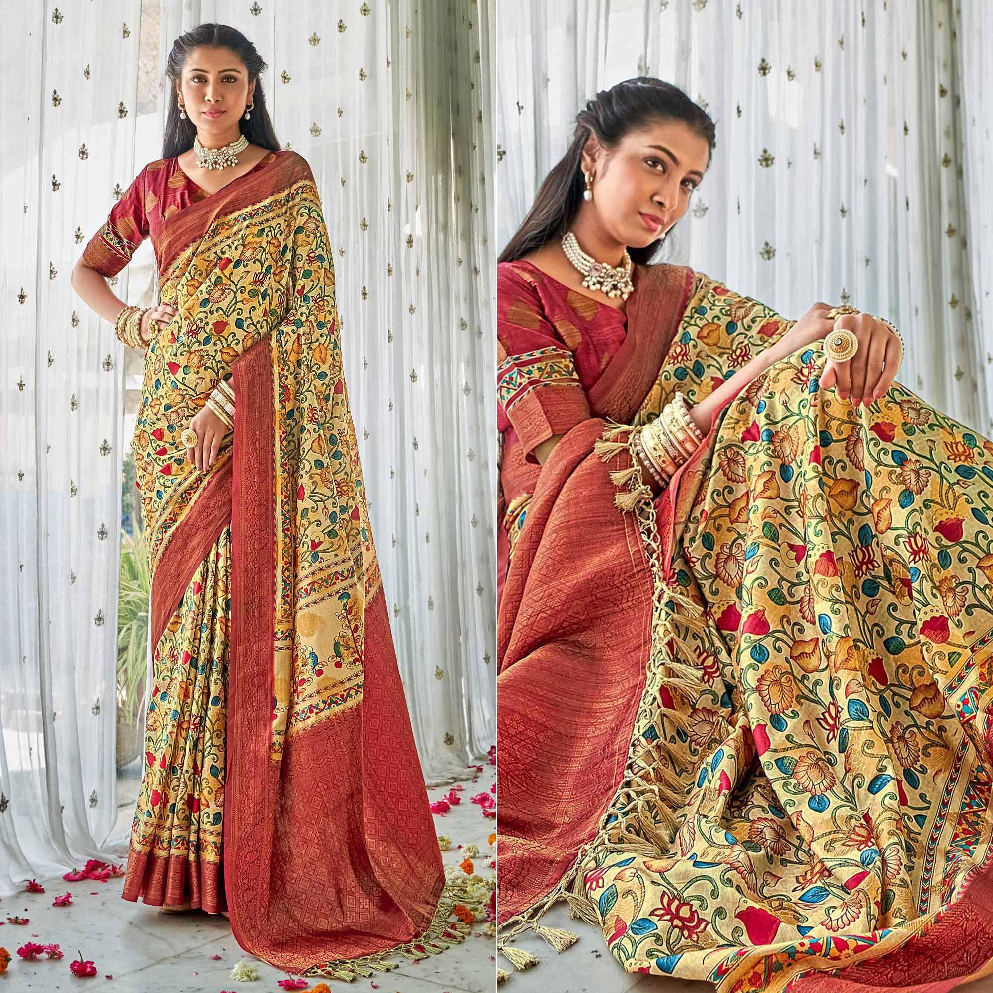 Cream Floral Printed Art Silk Saree - Peachmode