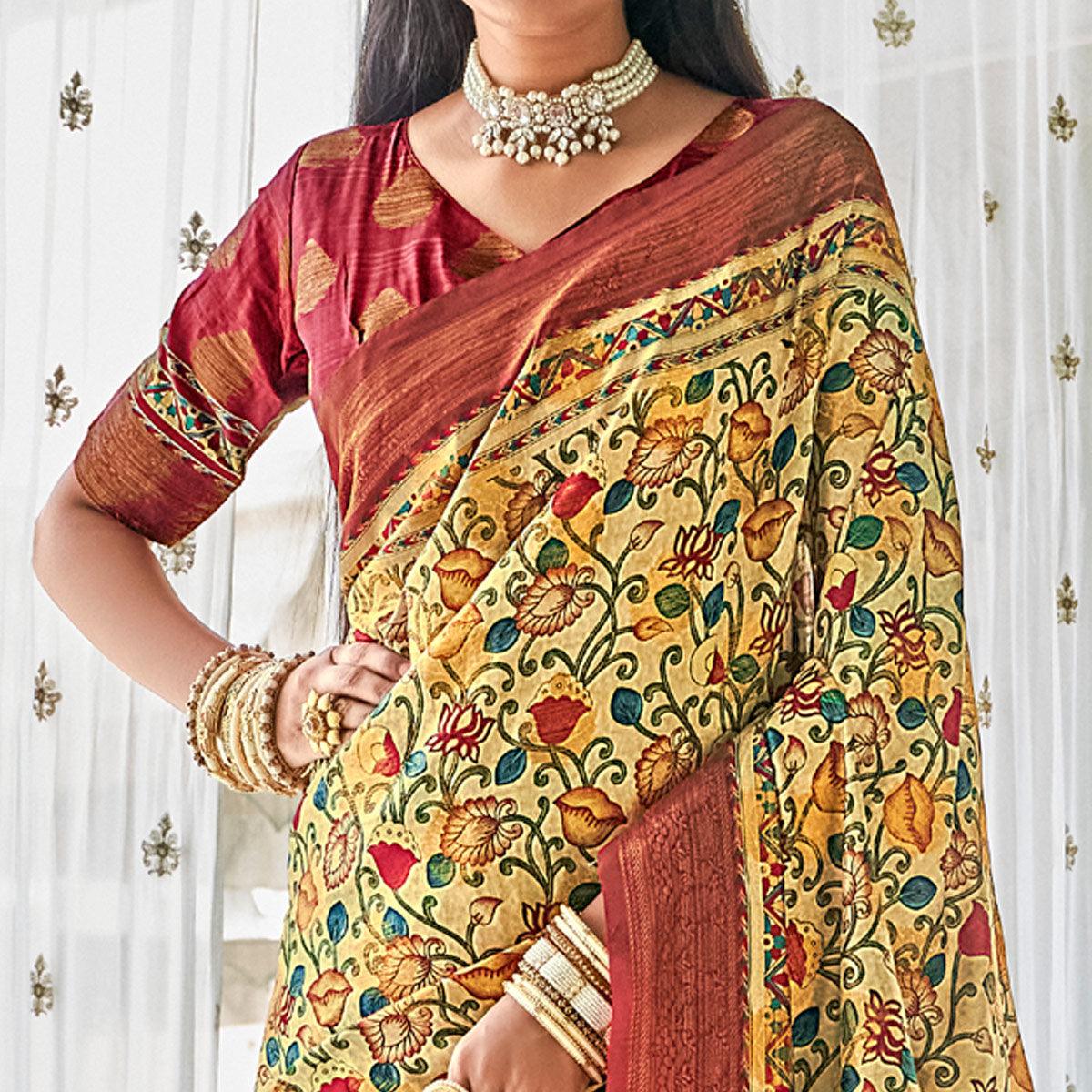 Cream Floral Printed Art Silk Saree - Peachmode