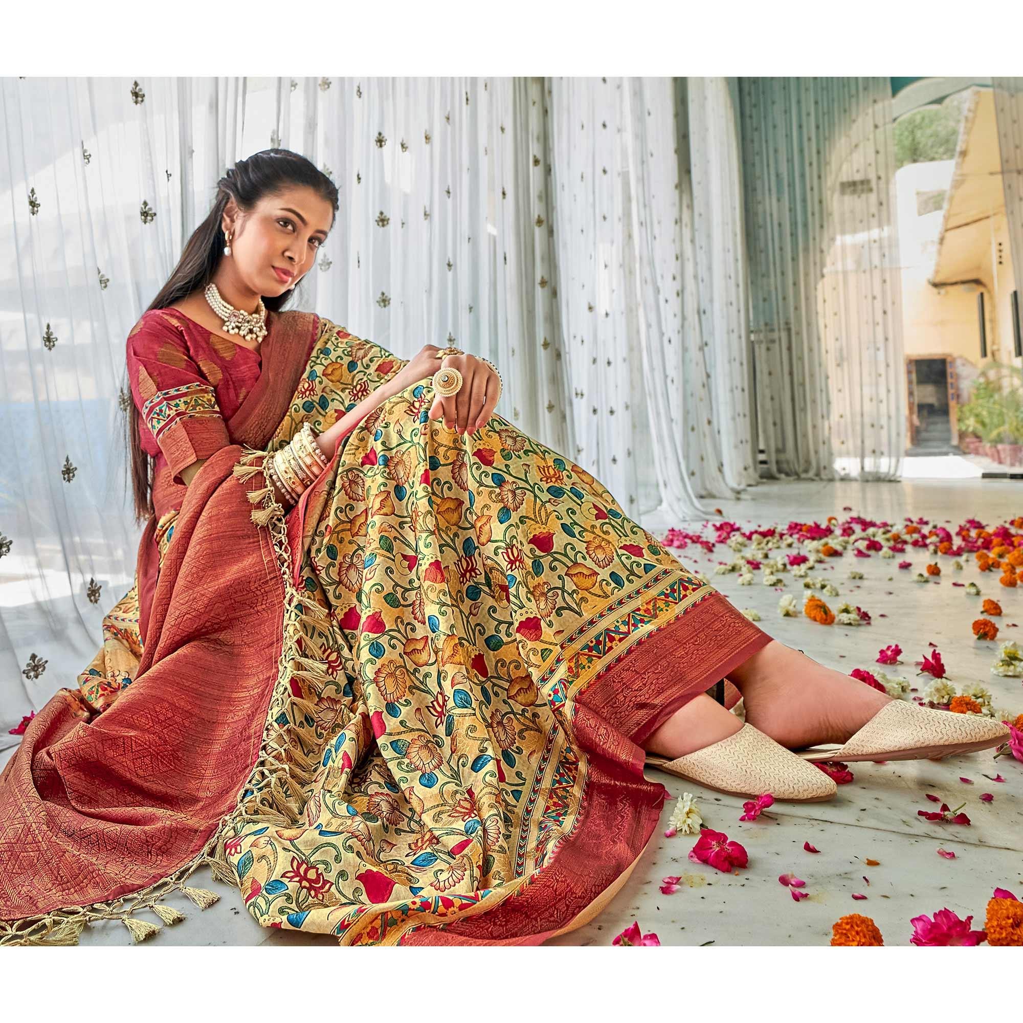 Cream Floral Printed Art Silk Saree - Peachmode