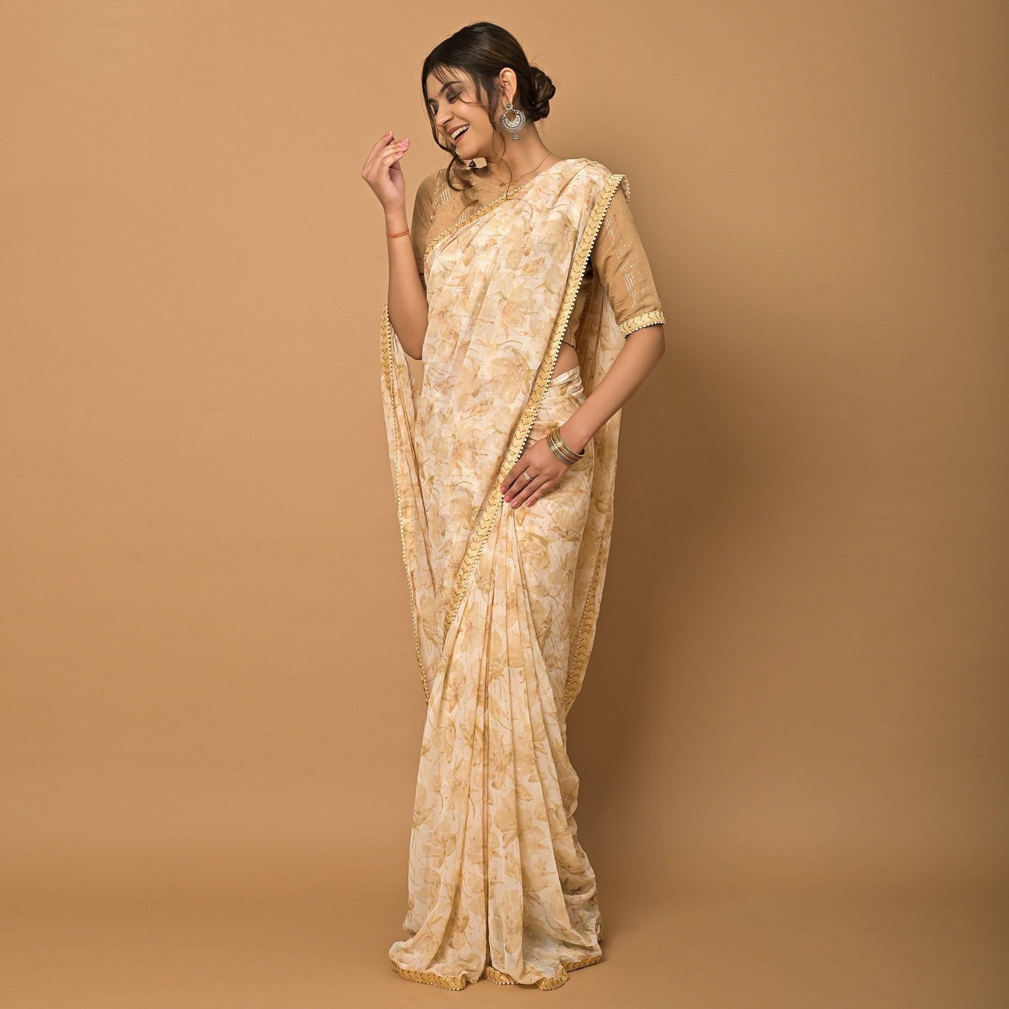 Cream Floral Printed Georgette Saree - Peachmode