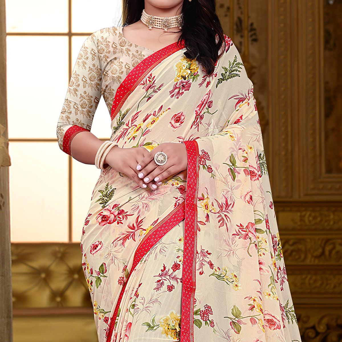 Cream Floral Printed Georgette Saree - Peachmode