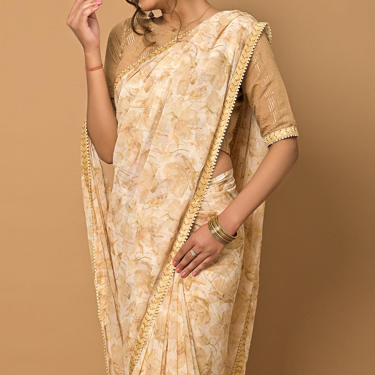 Cream Floral Printed Georgette Saree - Peachmode