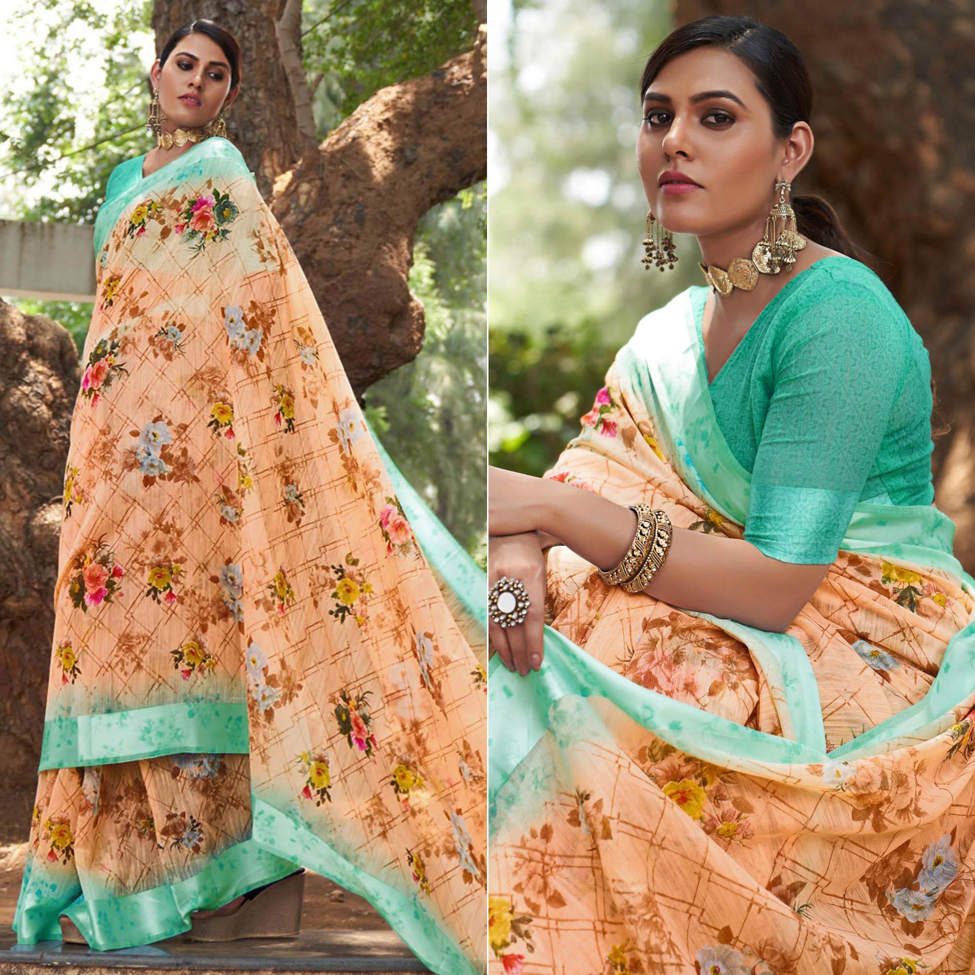 Cream Floral Printed Linen Saree - Peachmode