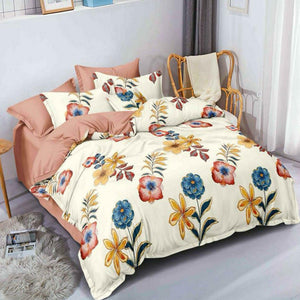 Cream Floral Printed Poly Cotton Double Bedsheet With Pillow Cover - Peachmode