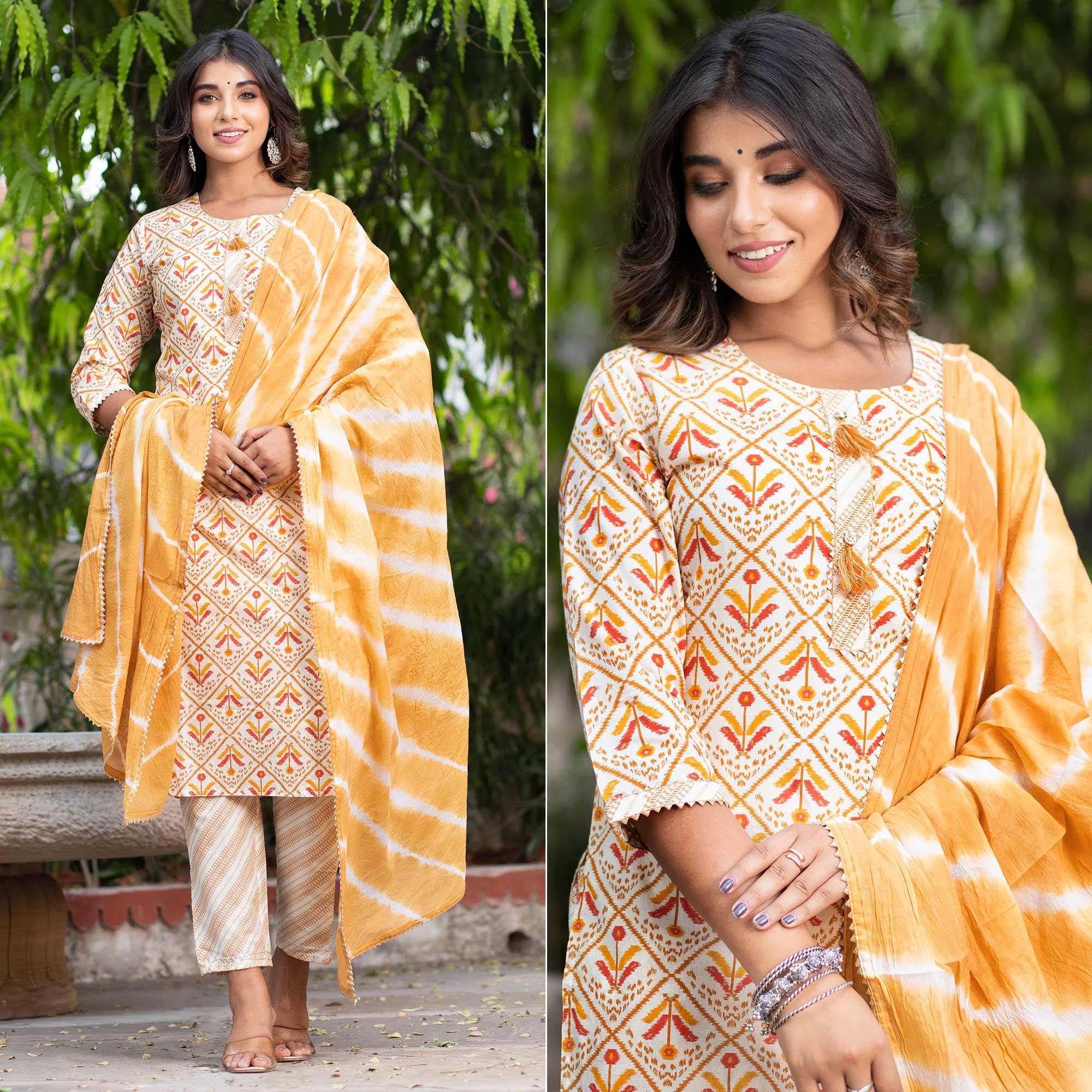Cream Floral Printed Pure Cotton Kurti Pant Set With Dupatta - Peachmode