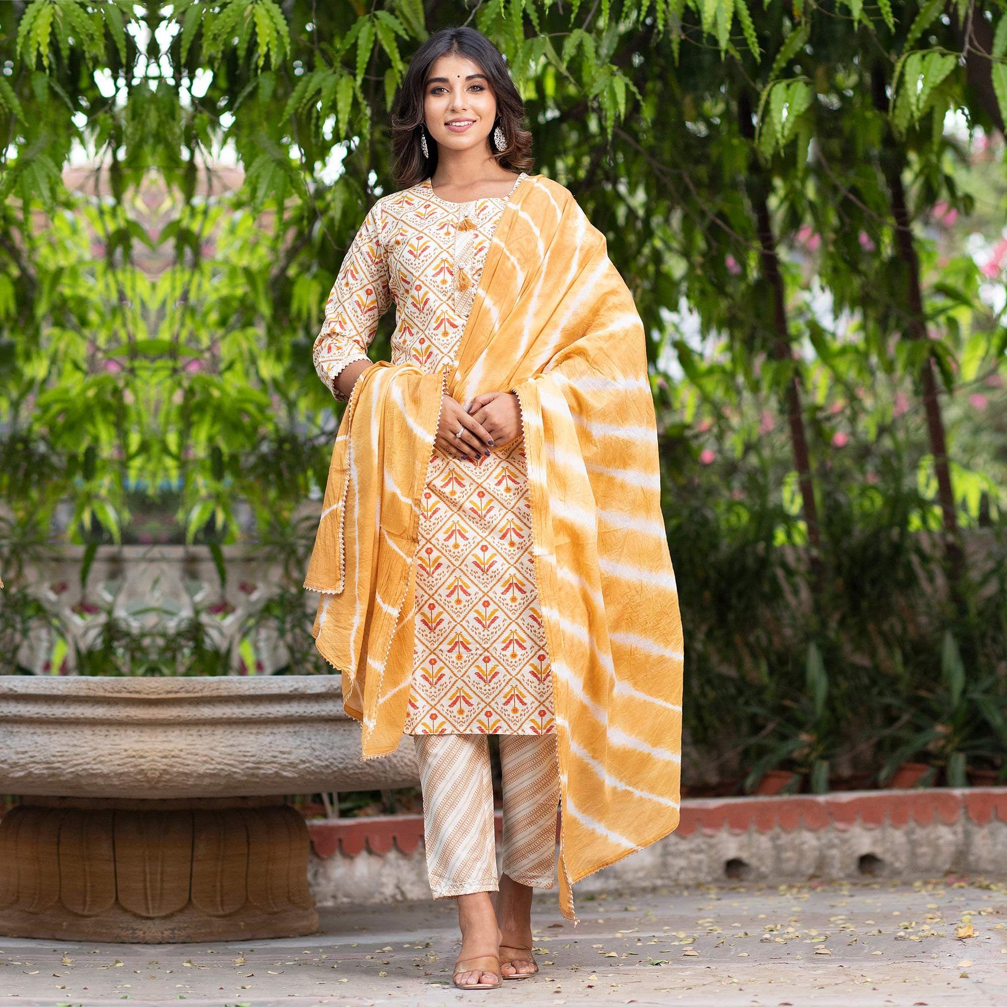 Cream Floral Printed Pure Cotton Kurti Pant Set With Dupatta - Peachmode