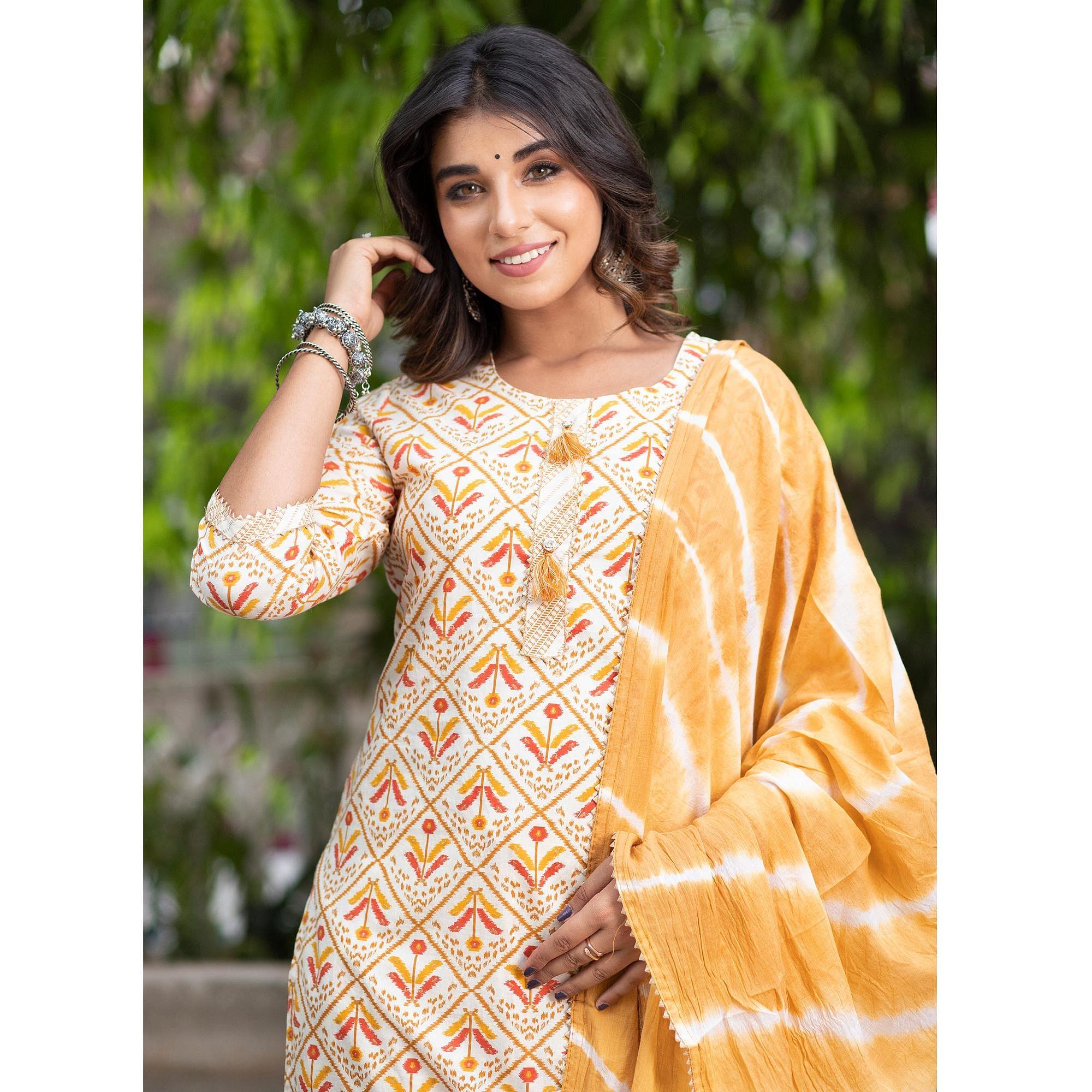 Cream Floral Printed Pure Cotton Kurti Pant Set With Dupatta - Peachmode