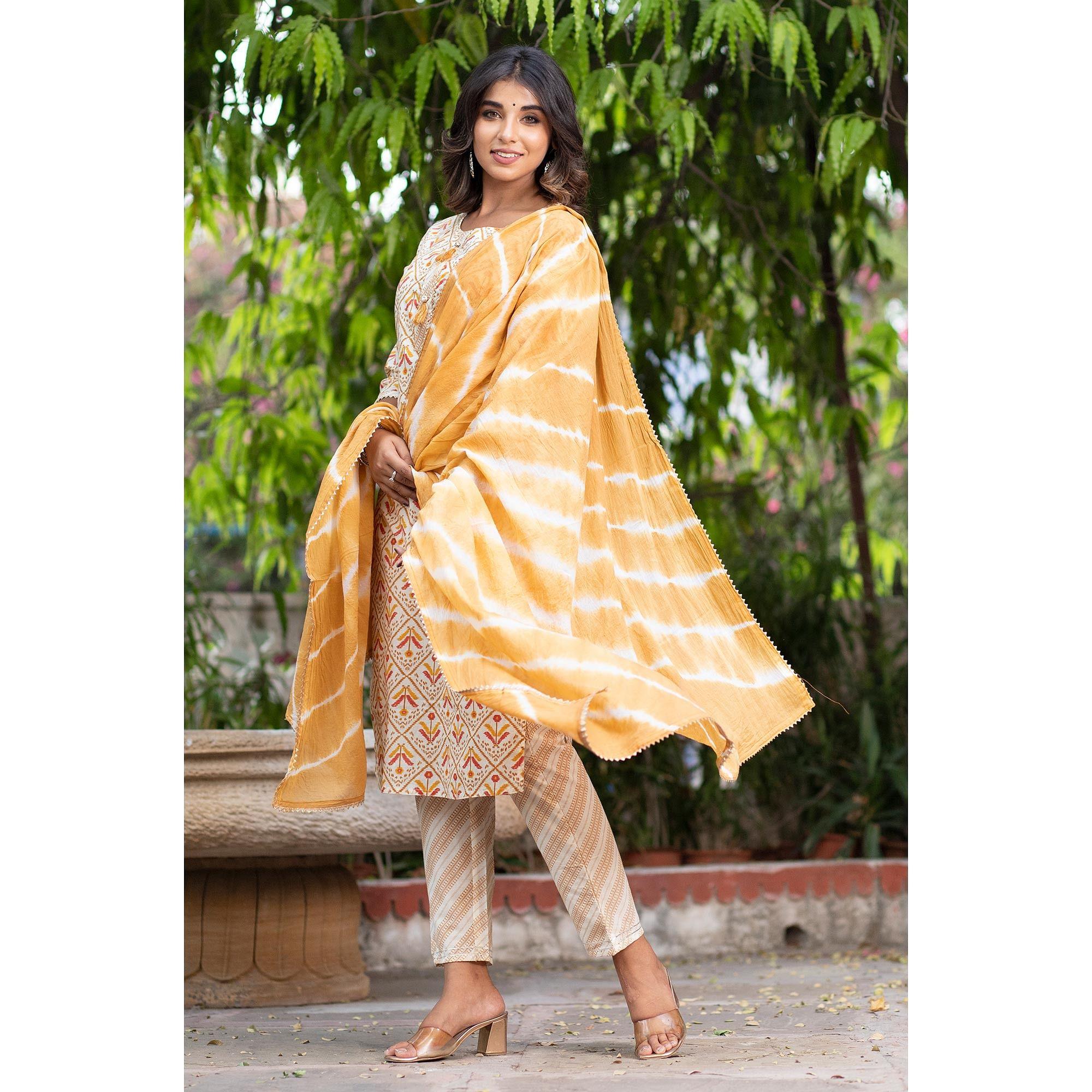 Cream Floral Printed Pure Cotton Kurti Pant Set With Dupatta - Peachmode