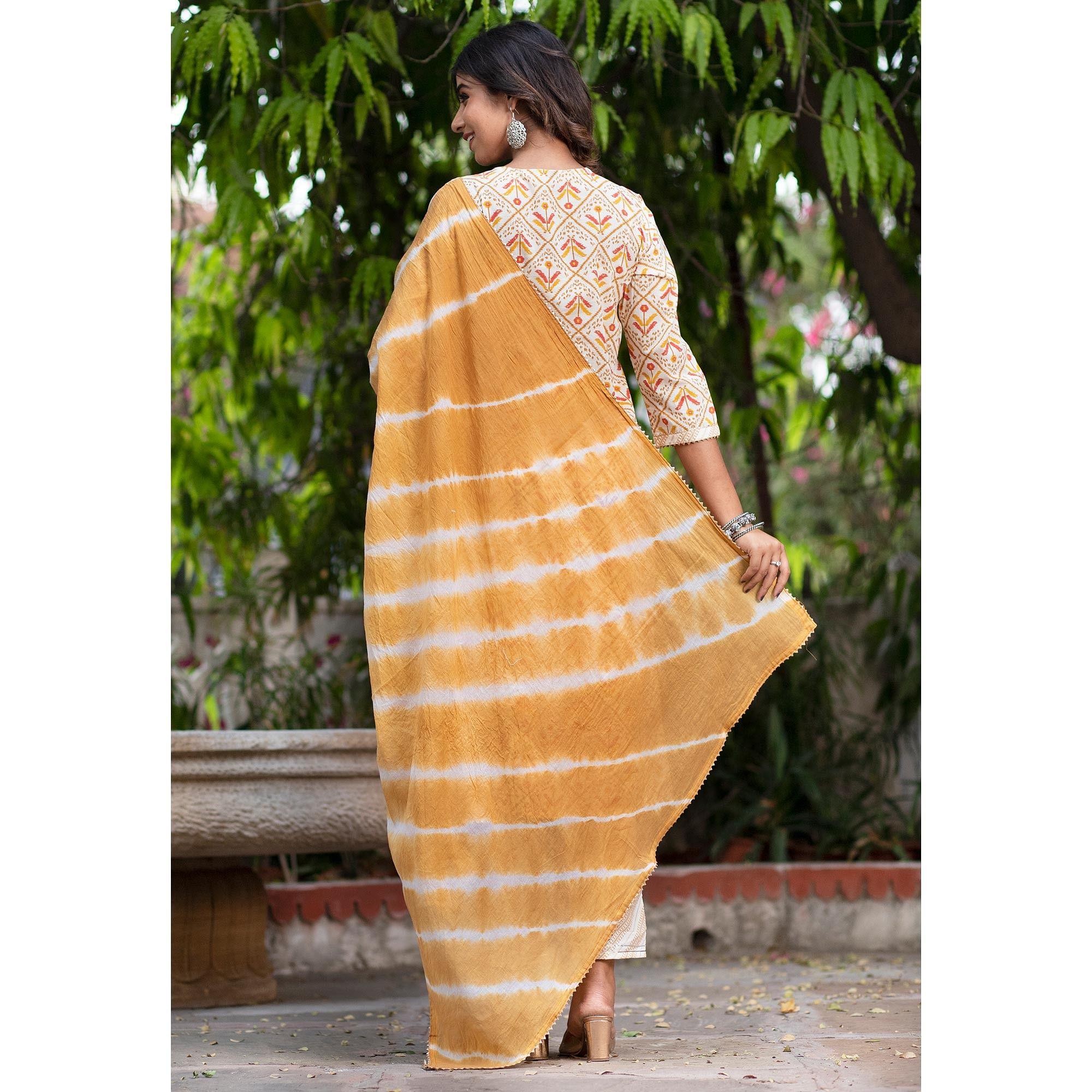 Cream Floral Printed Pure Cotton Kurti Pant Set With Dupatta - Peachmode