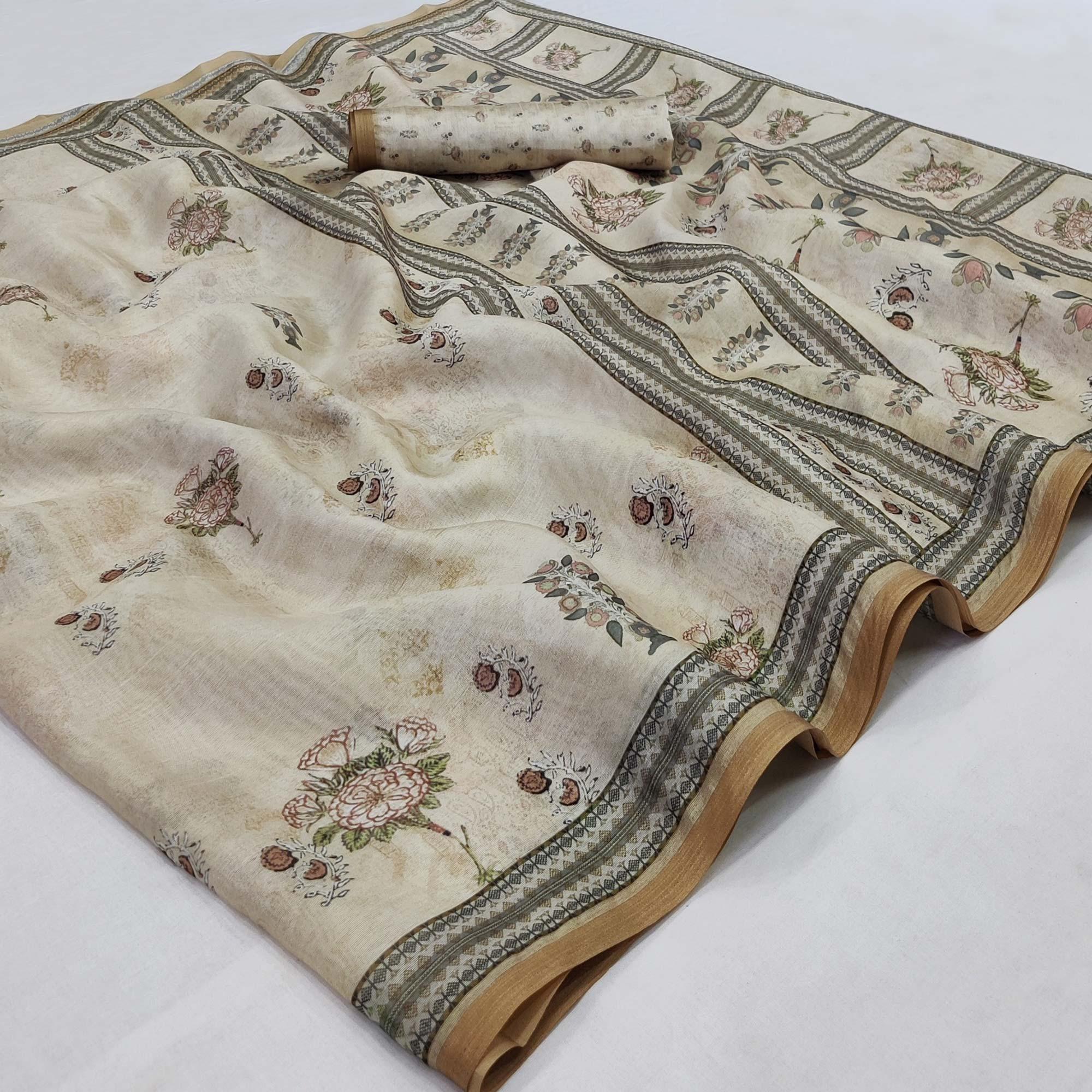 Cream Floral Printed Pure Cotton Saree - Peachmode