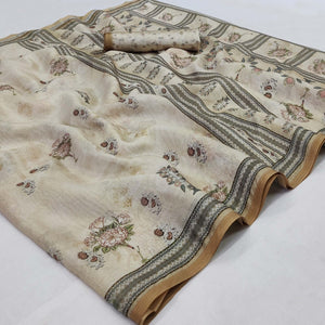 Cream Floral Printed Pure Cotton Saree - Peachmode