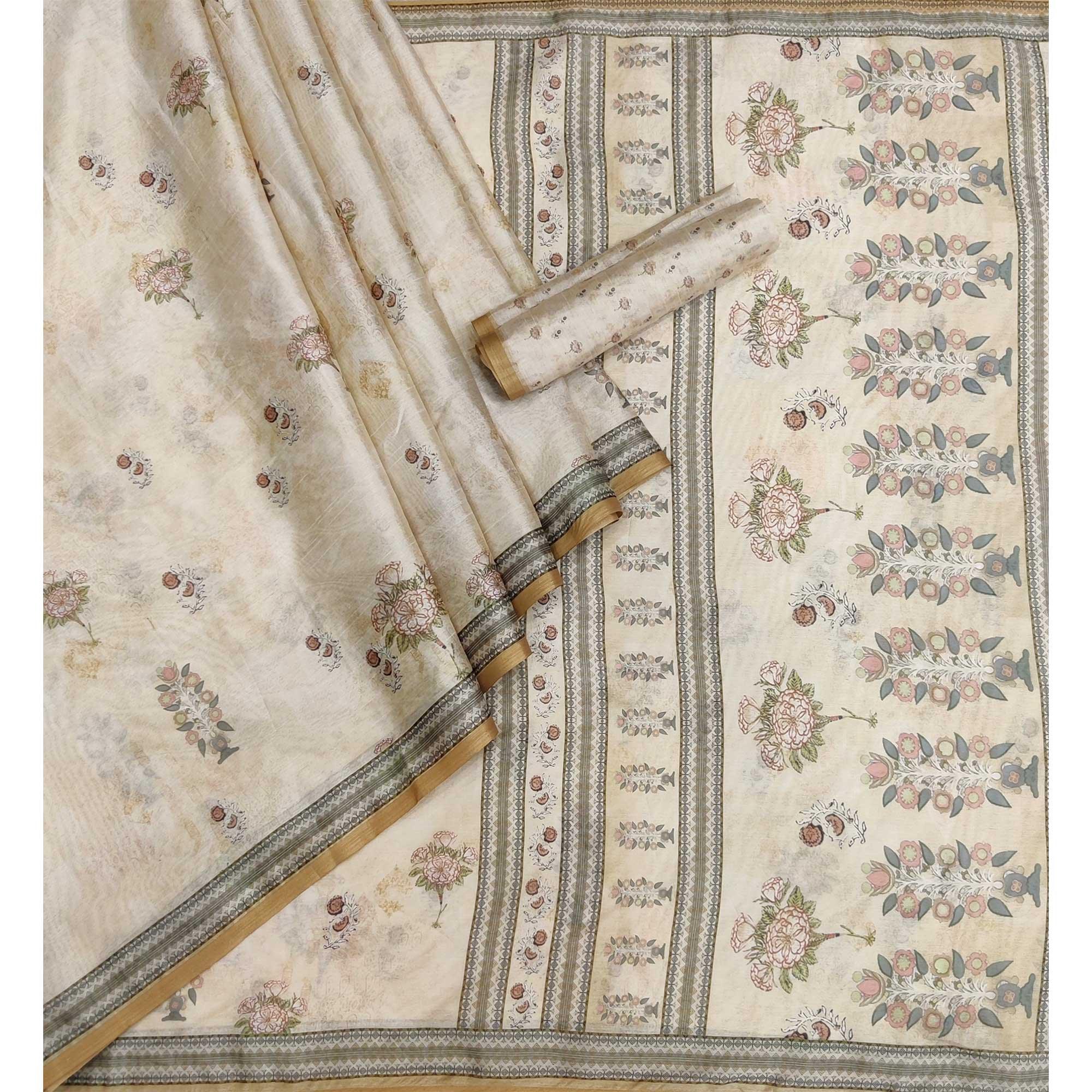 Cream Floral Printed Pure Cotton Saree - Peachmode