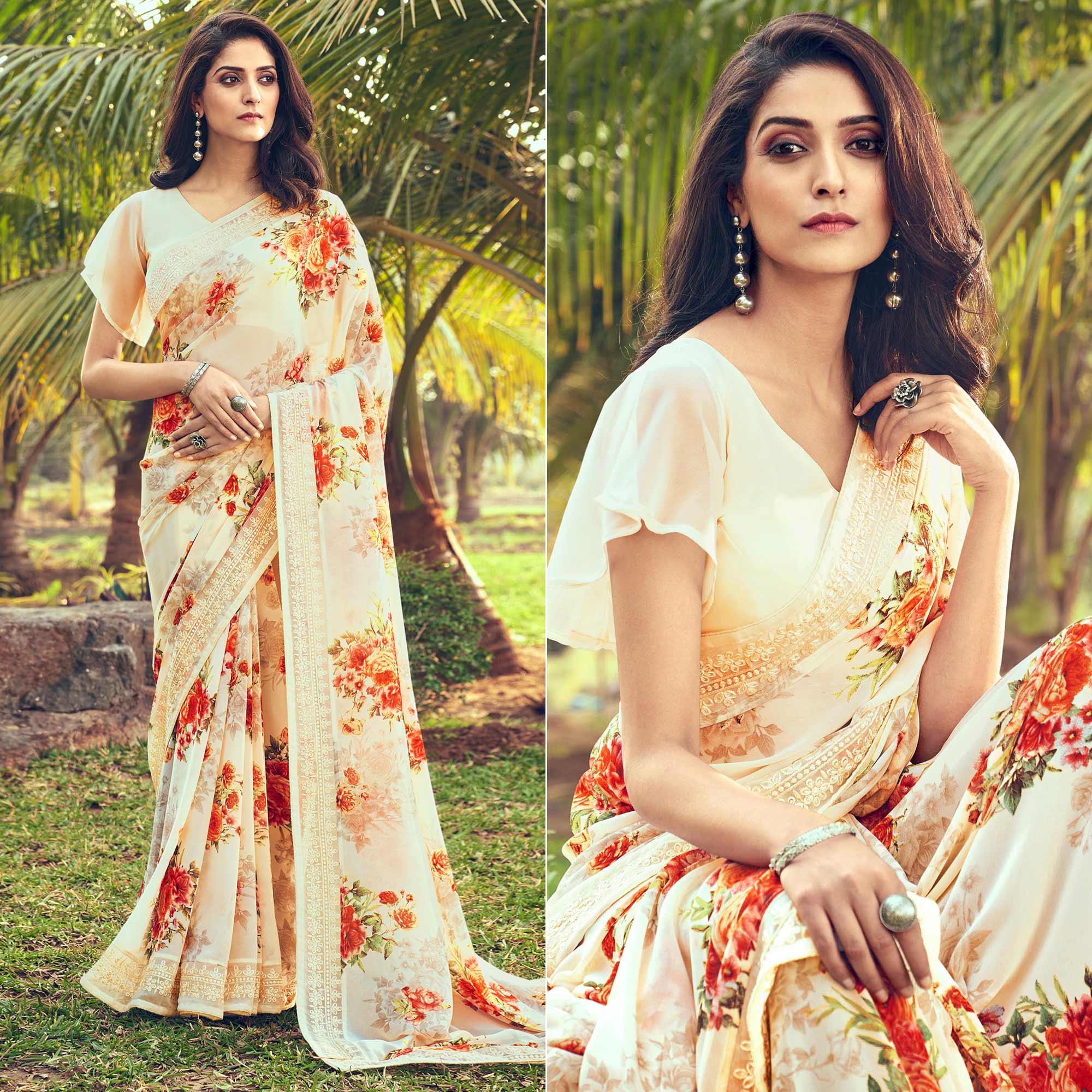 Cream Floral Printed With Embroidered Border Georgette Saree - Peachmode