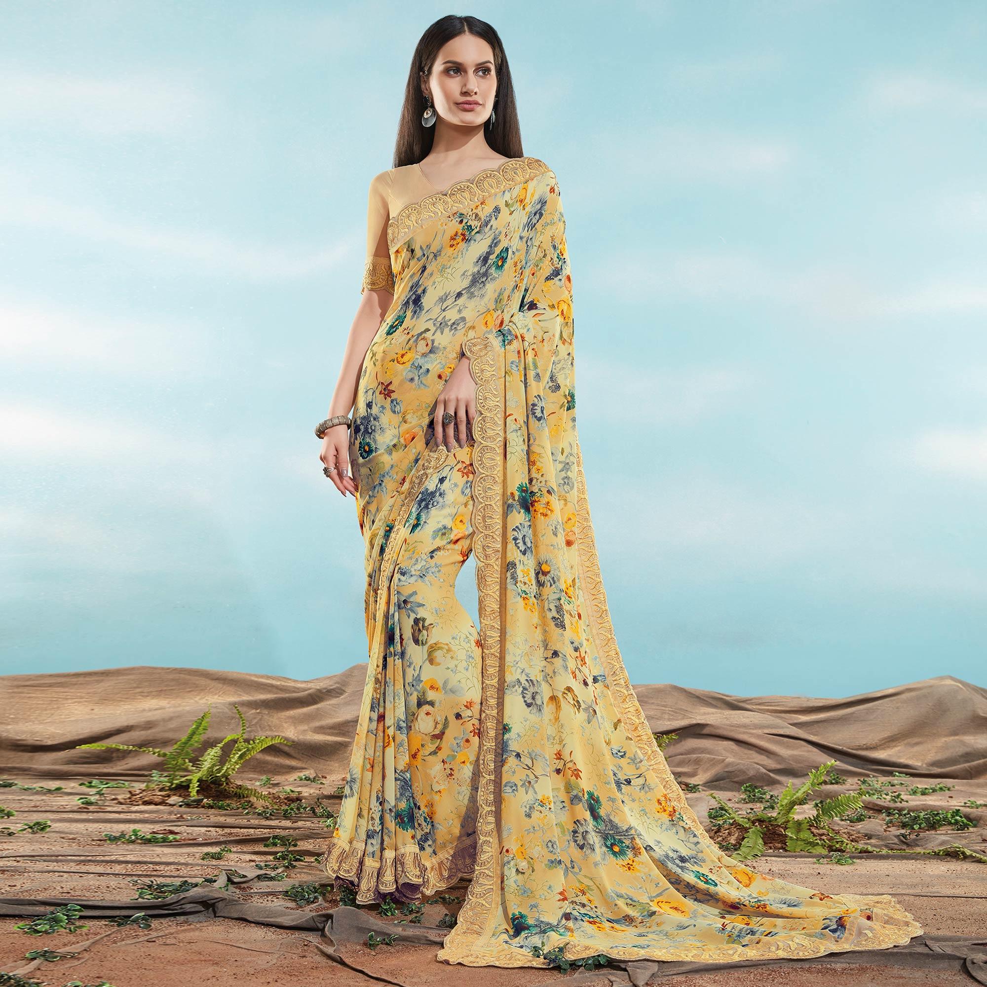 Cream Floral Printed With Embroidered Border Georgette Saree - Peachmode