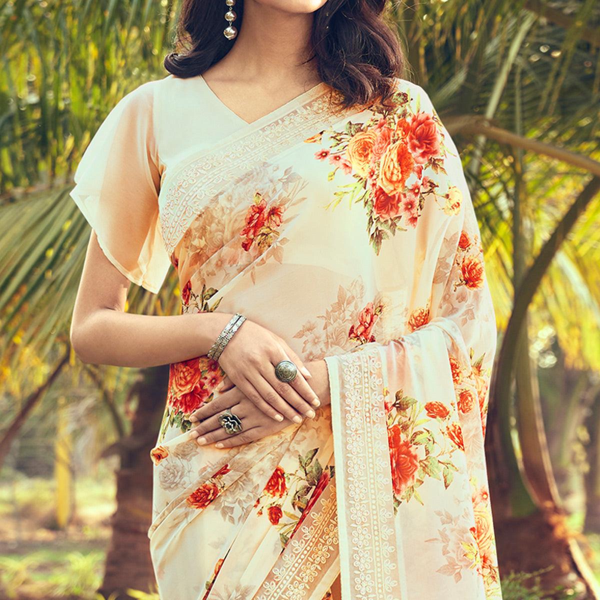 Cream Floral Printed With Embroidered Border Georgette Saree - Peachmode