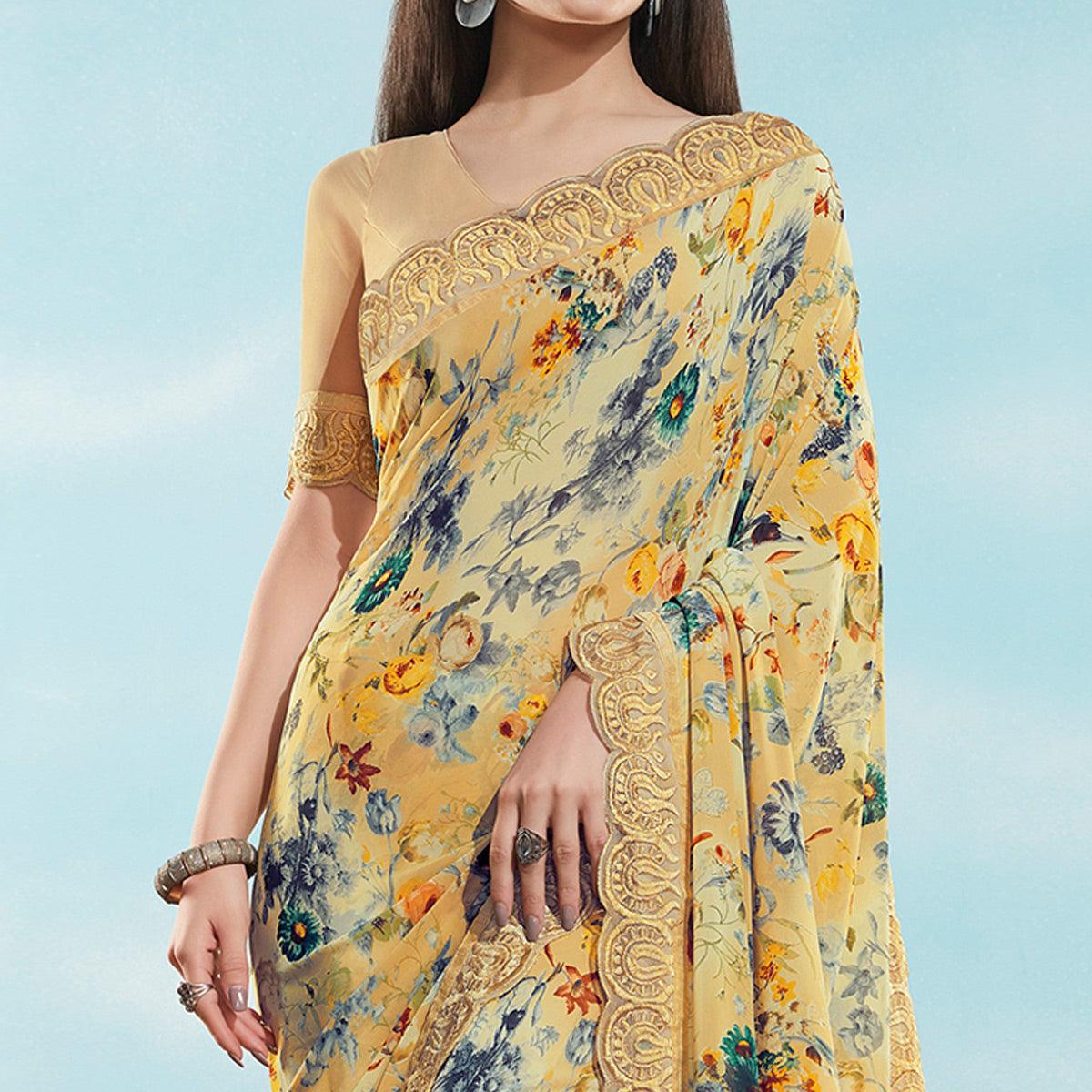 Cream Floral Printed With Embroidered Border Georgette Saree - Peachmode