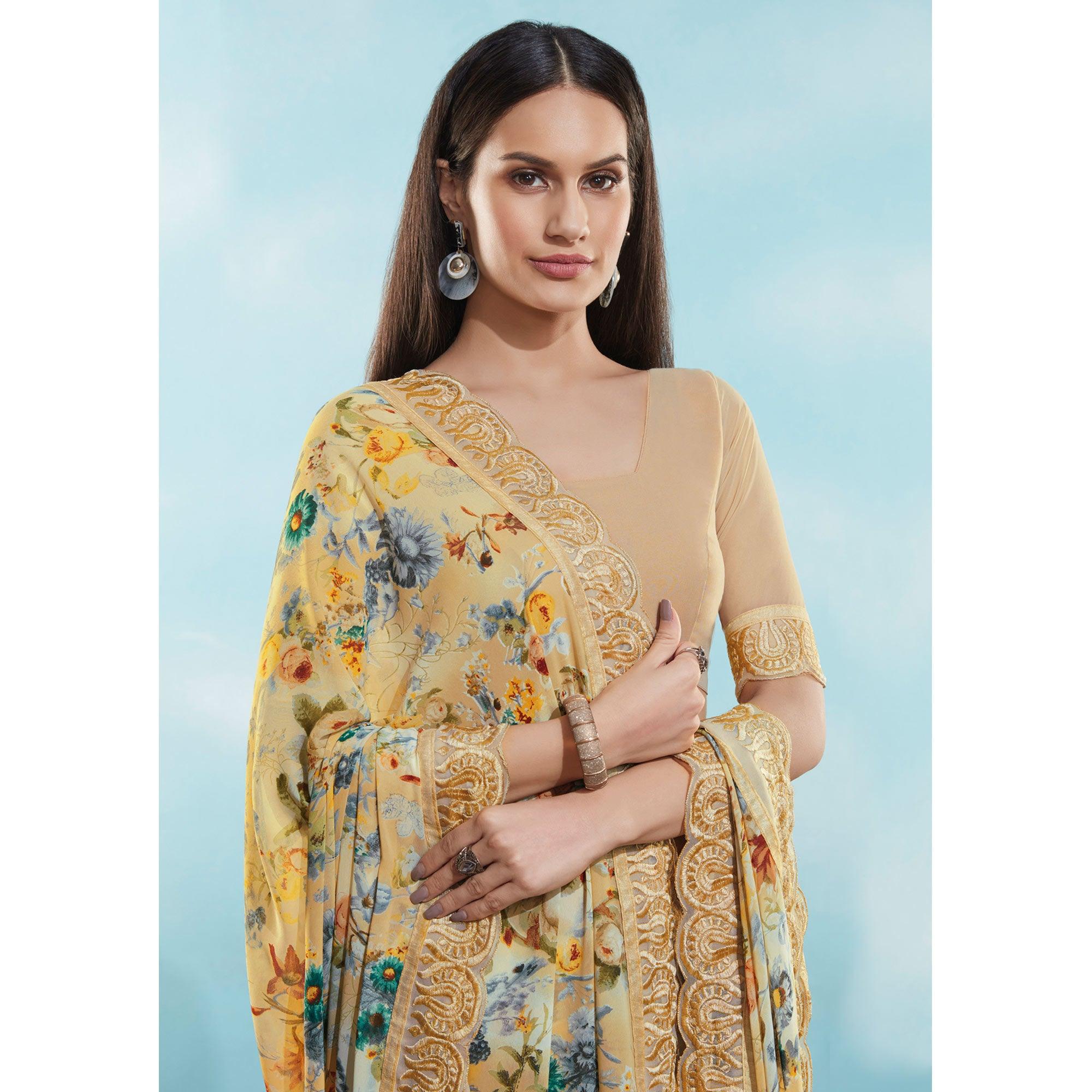Cream Floral Printed With Embroidered Border Georgette Saree - Peachmode