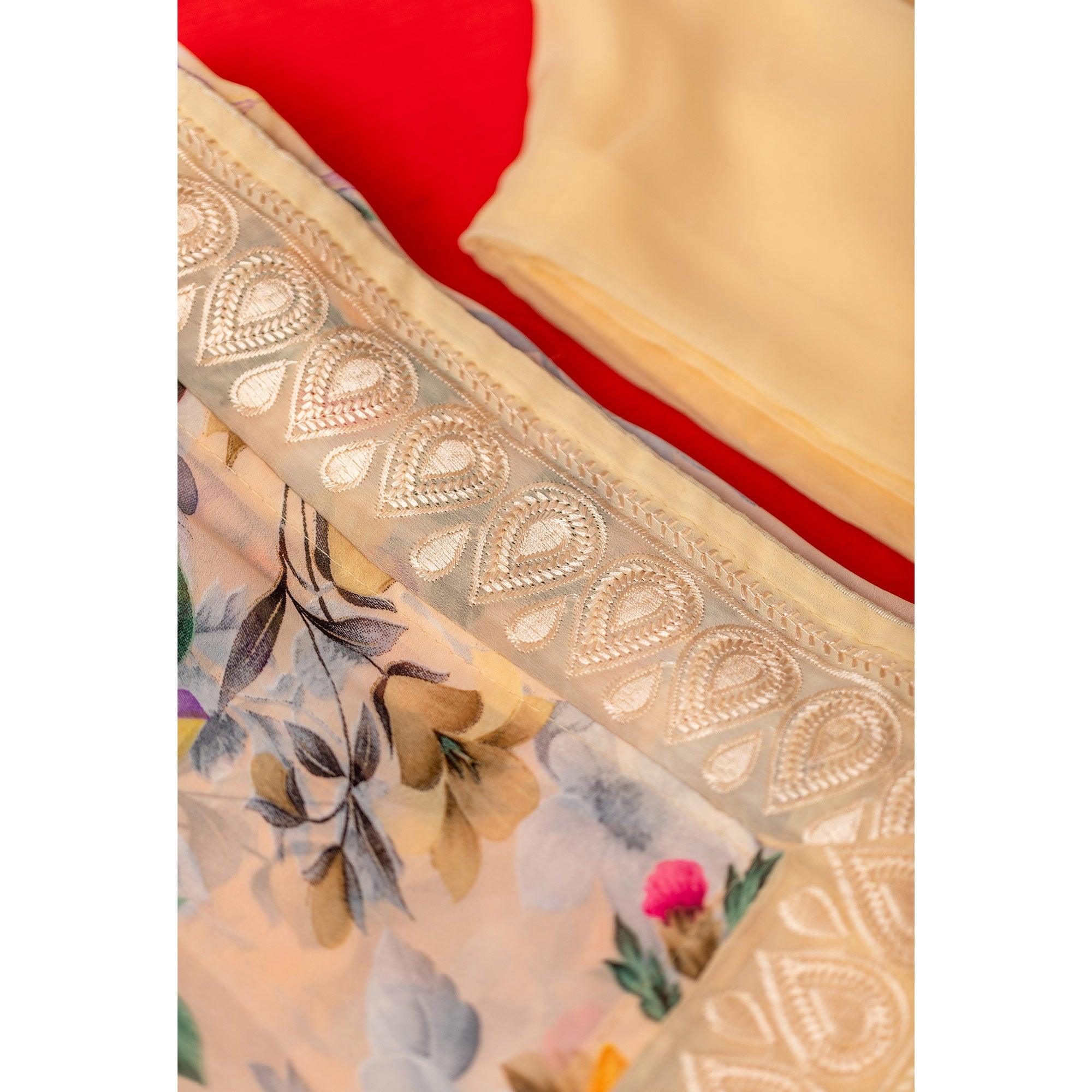 Cream Floral Printed With Embroidered Border Georgette Saree - Peachmode