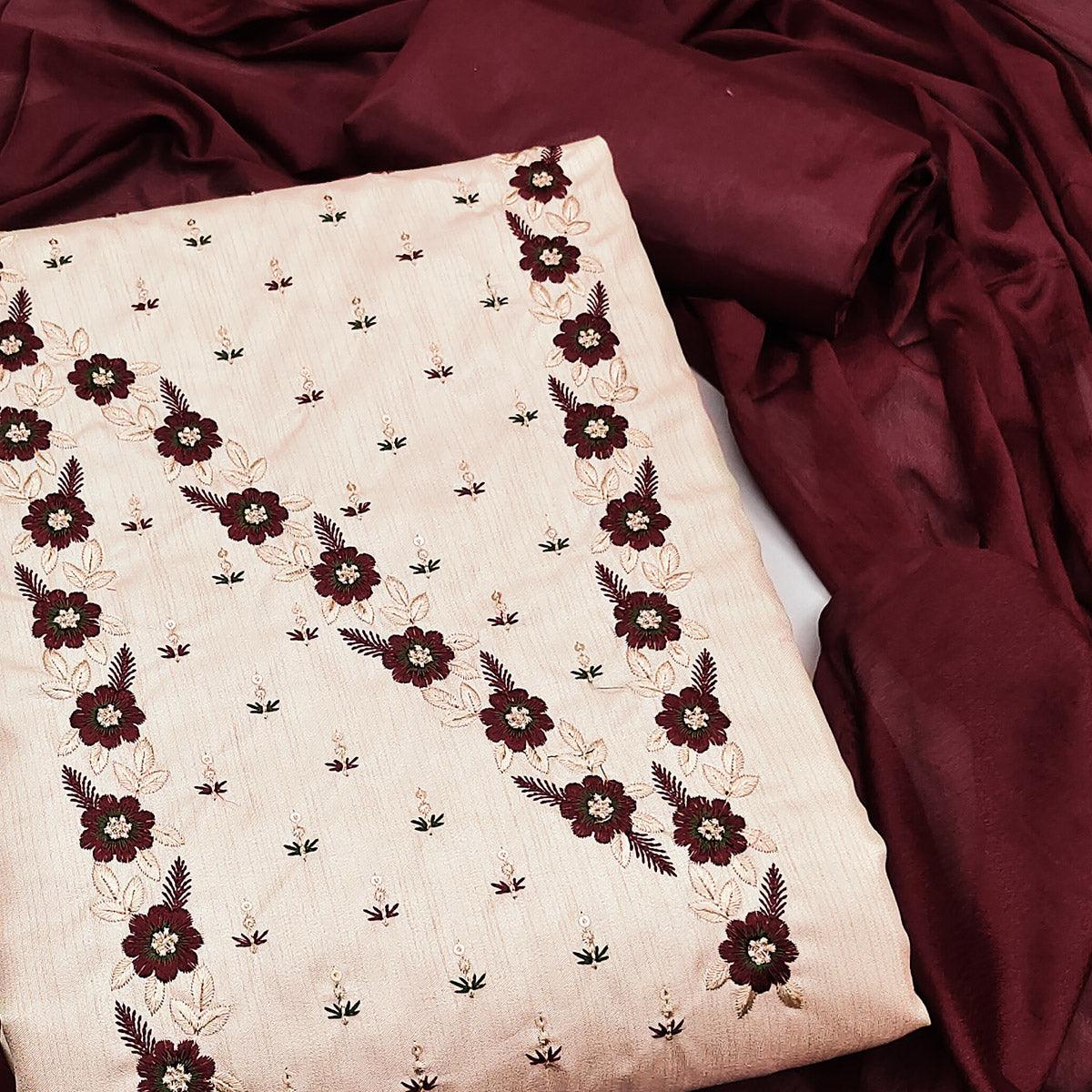 Cream Floral Sequence Embroidered Art Silk Dress Material - Peachmode