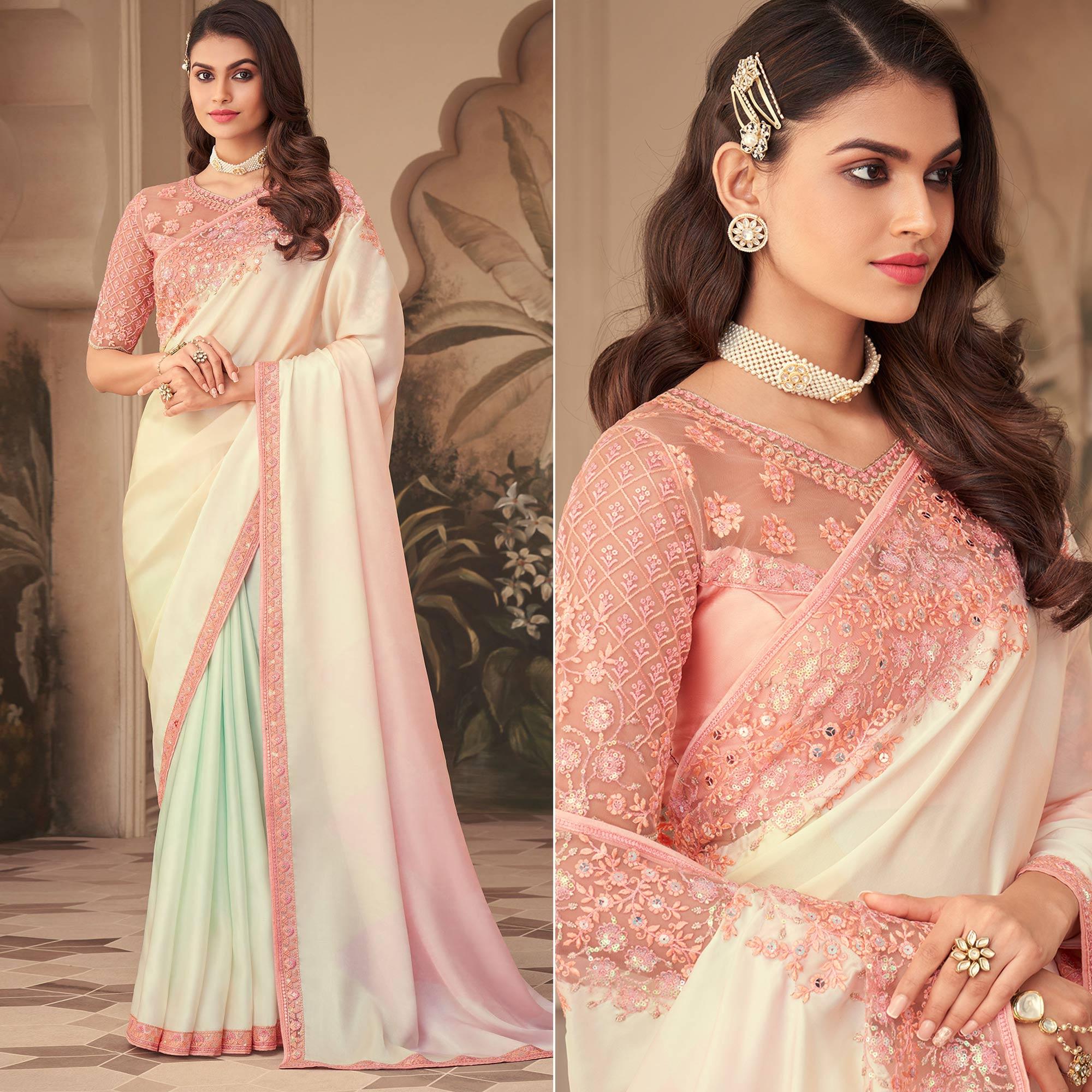 Cream Floral Sequence Embroidered Art Silk Saree - Peachmode