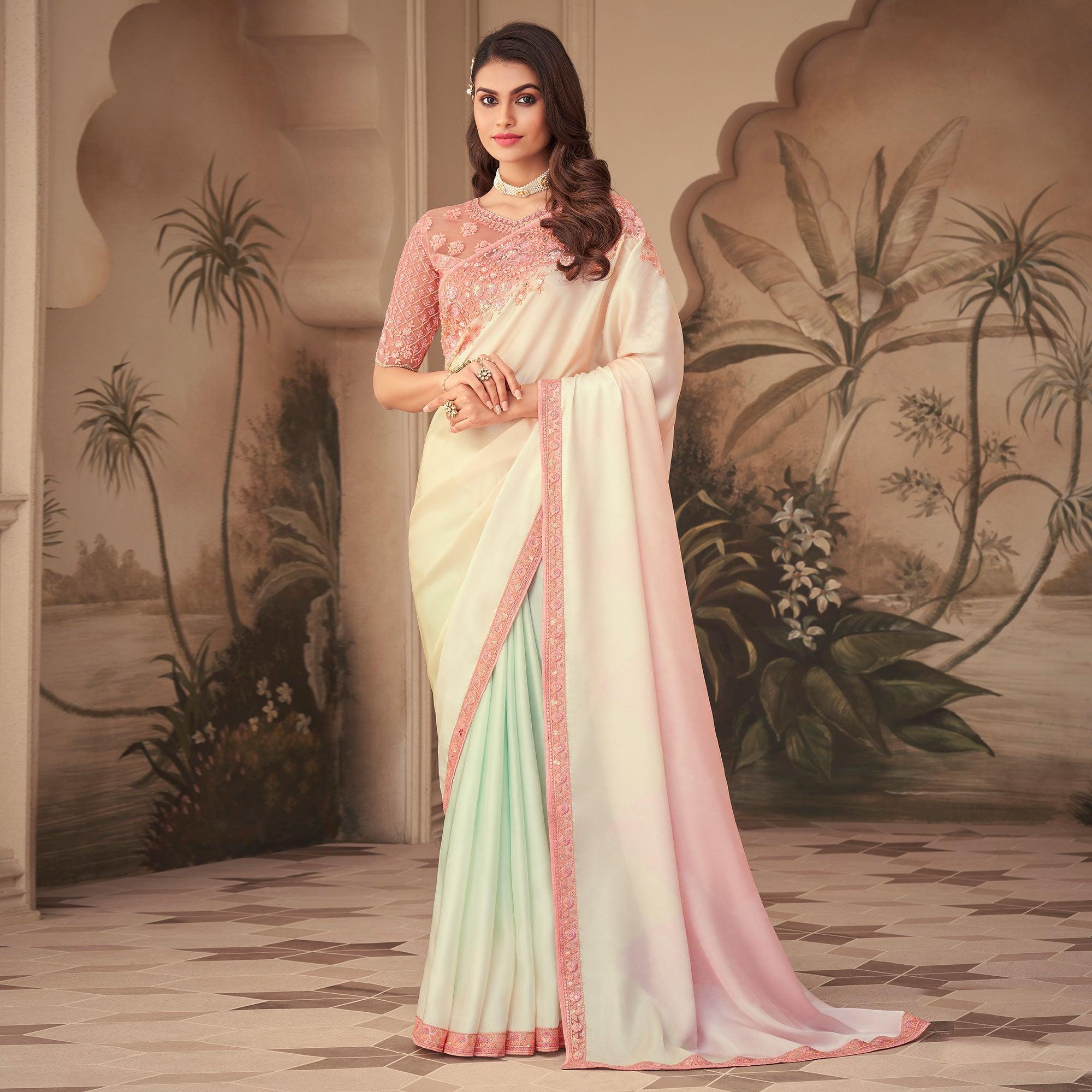 Cream Floral Sequence Embroidered Art Silk Saree - Peachmode