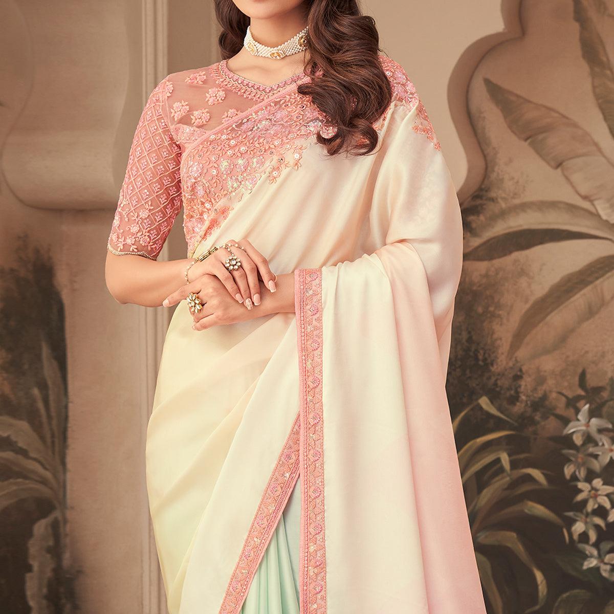 Cream Floral Sequence Embroidered Art Silk Saree - Peachmode