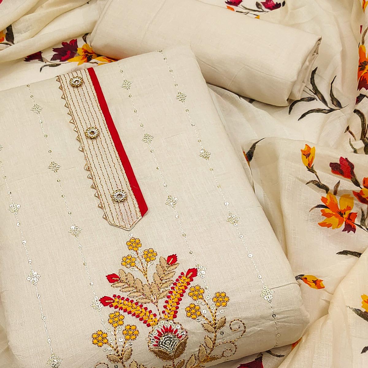 Cream Floral Sequence Embroidered Pure Cotton Dress Material - Peachmode