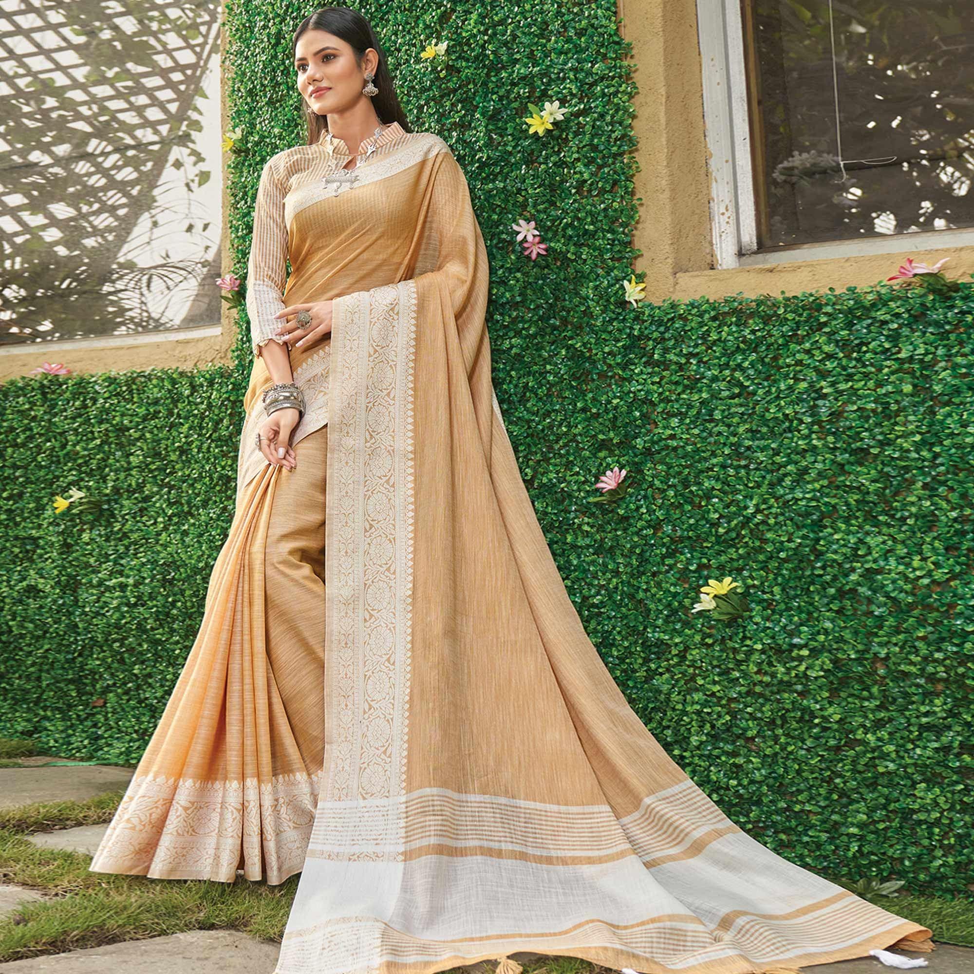 Cream Floral Woven Linen Saree - Peachmode