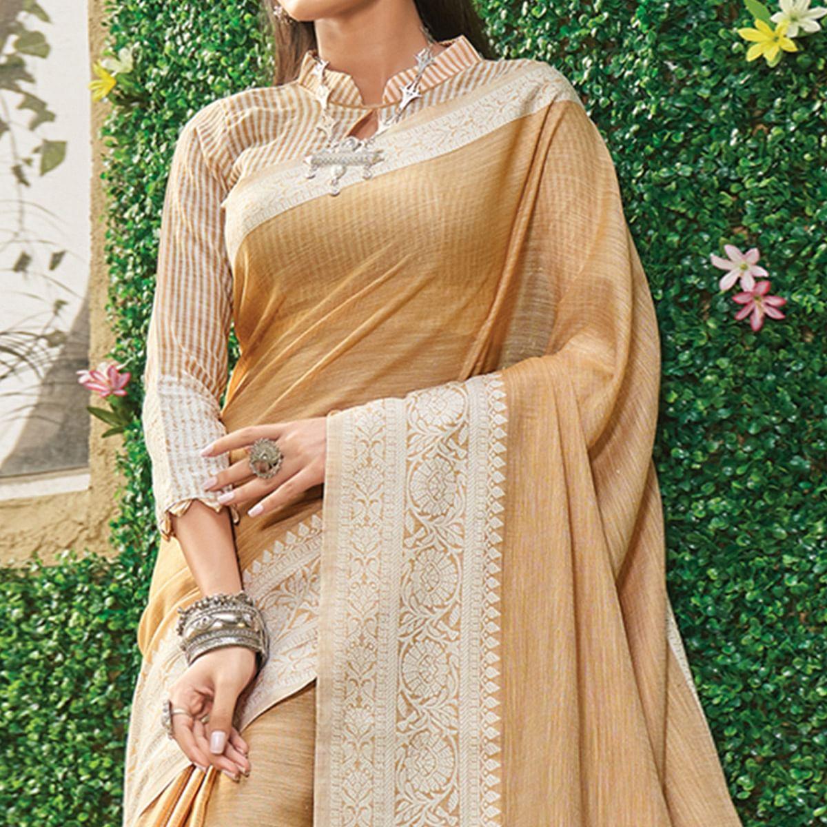 Cream Floral Woven Linen Saree - Peachmode