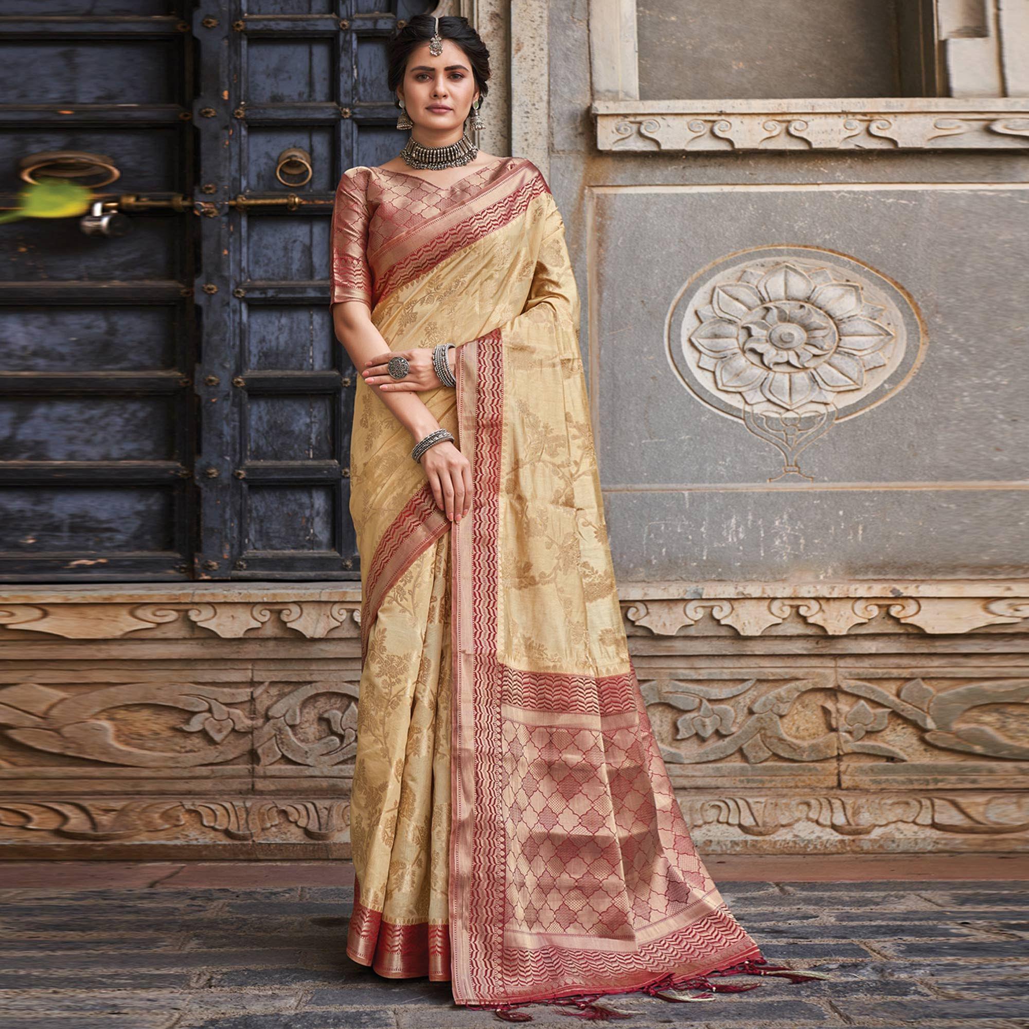 Cream Floral Woven Pure Silk Saree - Peachmode