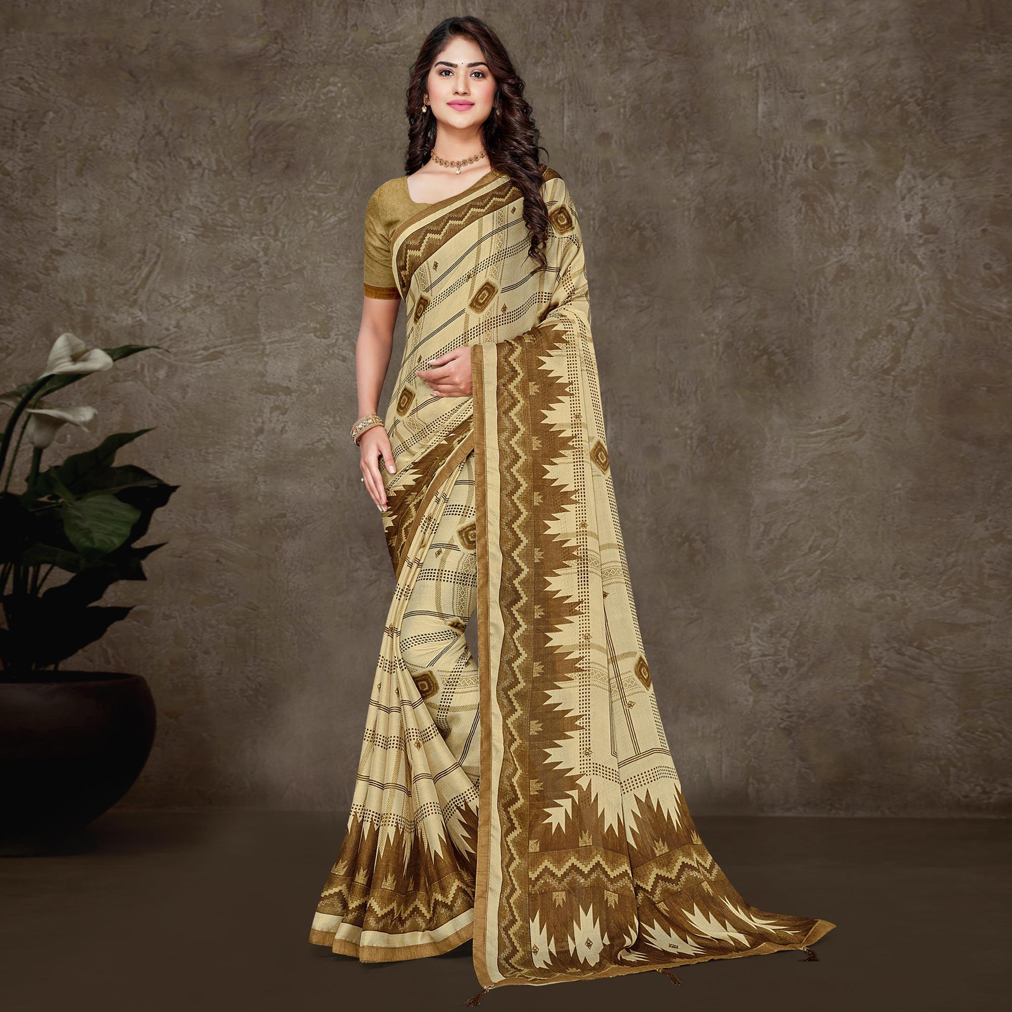 Cream Geometric Printed Chiffon Saree With Tassels - Peachmode