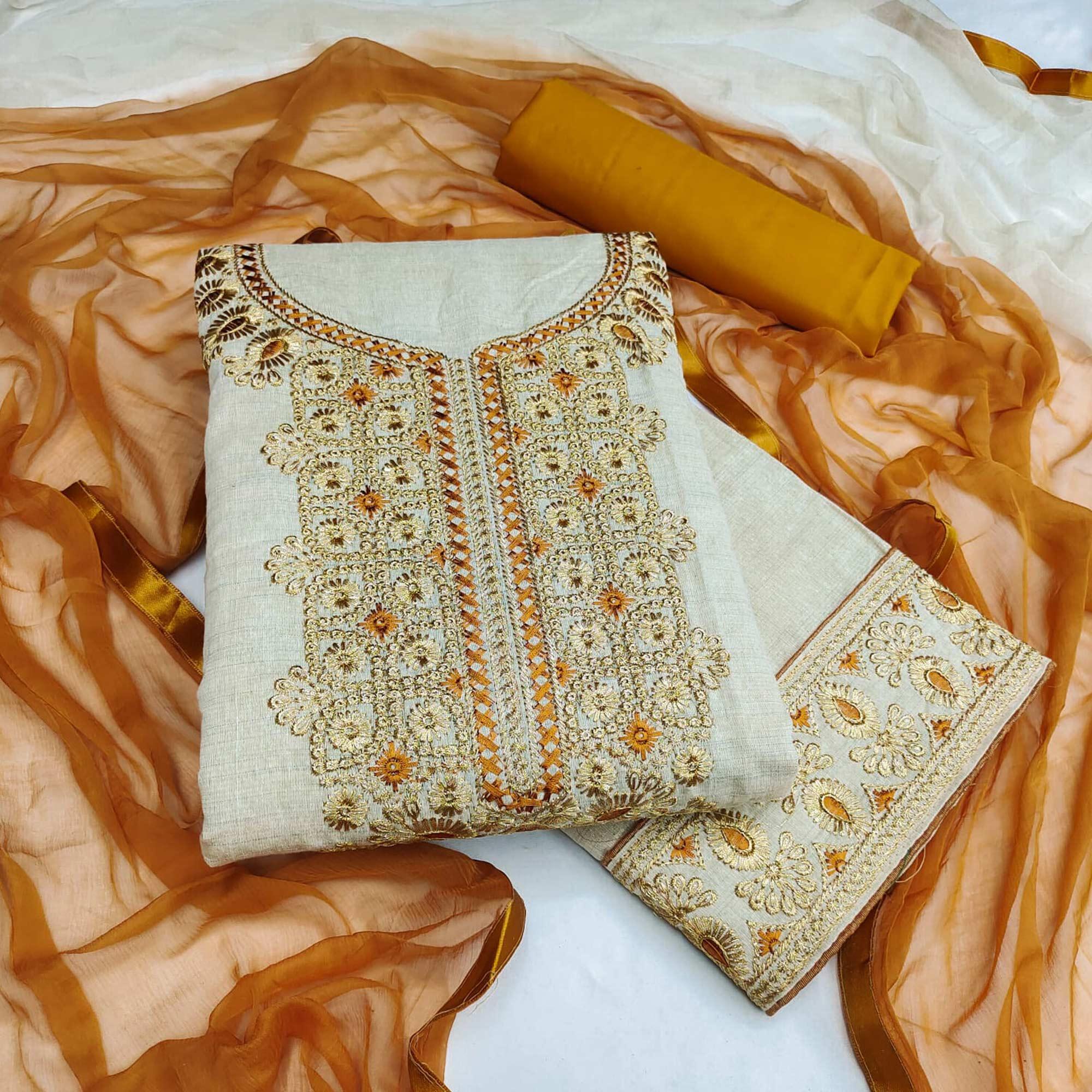 Cream-Gold Festive Wear Embroidery With Mirror Work Cotton Dress Material - Peachmode
